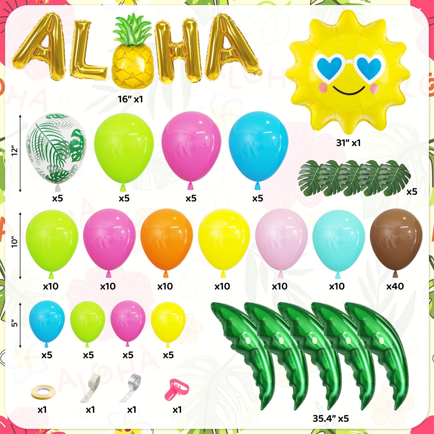 Amandir 160Pcs Hawaiian Tropical Beach Luau Balloon Garland Arch Kit Party Decorations with Aloha Green Palm Tree Pineapple Foil Balloon for Summer Birthday Party Decorations