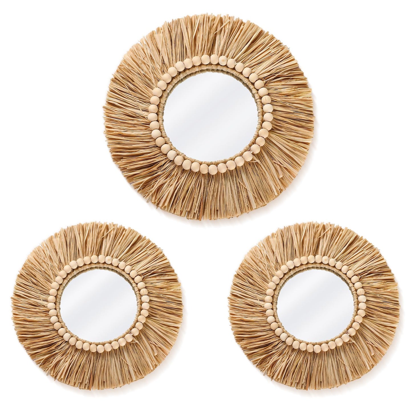 Gulfmew 3 Pcs Boho Raffia Mirror Wall Hanging Decor 15.8 Inch 11.8 Inch Rustic Round Boho Circle Mirrors with Wood Bead Farmhouse Aesthetic Nursery Mirrors for Bedroom Living Room Bathroom Wall Decor