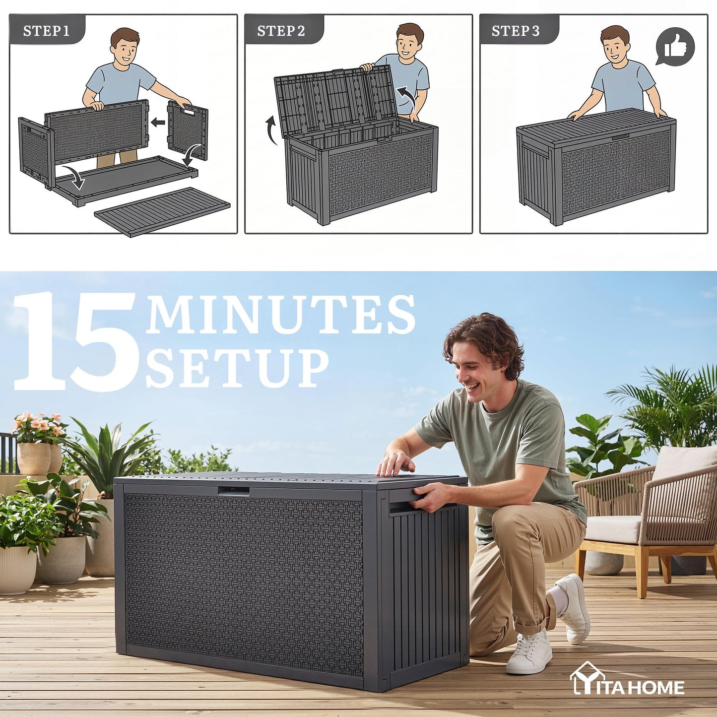 YITAHOME 90 Gallon Outdoor Storage Deck Box, Waterproof Resin Deck Box w/Handles, Lockable Outdside Deck Box for Patio Furniture, Garden Tools, Lockable & UV Resistant(Dark Gray)