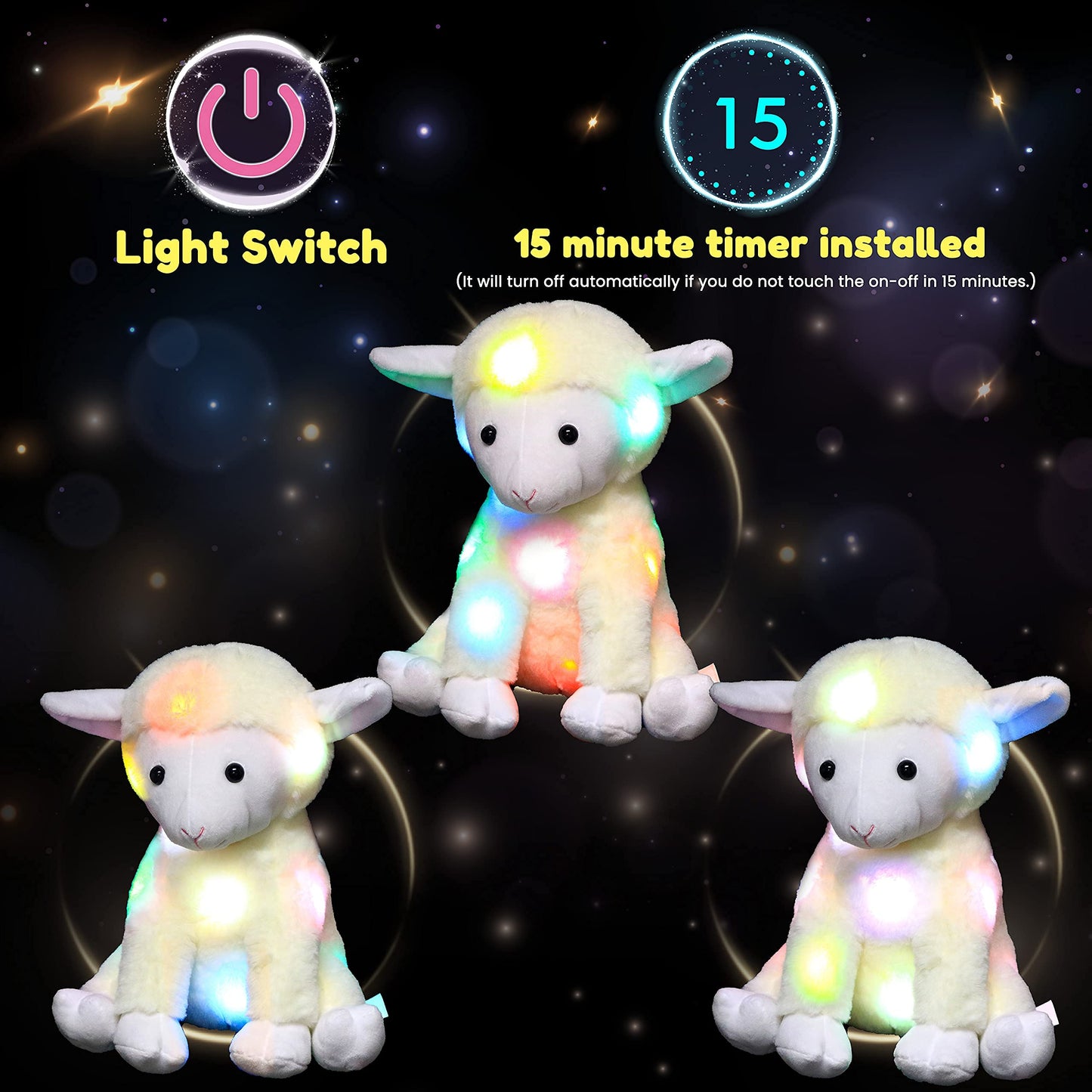 Hopearl LED Plush Lamb Lighting Up Stuffed Sheep Floppy Night Lights Glow in The Dark Birthday Festival for Kids Toddlers, Beige, 11''