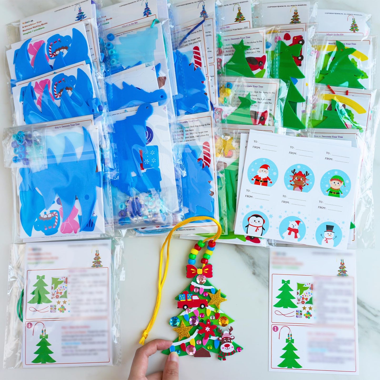 Winlyn 24 Sets Winter Decorations DIY Christmas Tree Ornaments 3D Pine Tree Necklaces Holiday Craft Kits Blank Foam Tree with Festive Foam Stickers for Kids Home Classroom Activities Party Favors