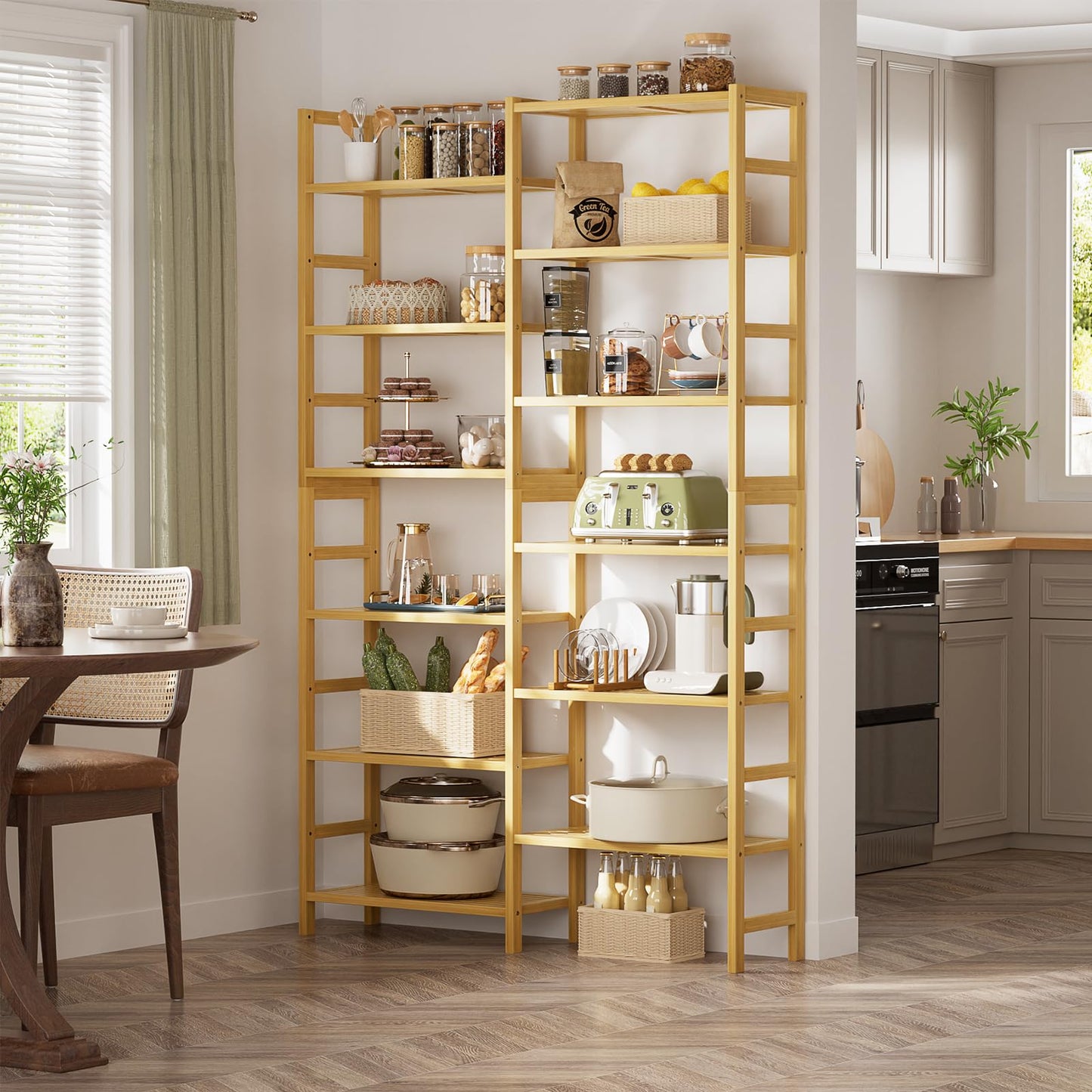 Homykic Double Wide Bamboo Bookshelf, 6-Tier Large Open Bookcase with 12 Display Shelves, 6ft Tall Freestanding Book Shelf for Home Office, Bedroom, Living Room, Plants, Natural