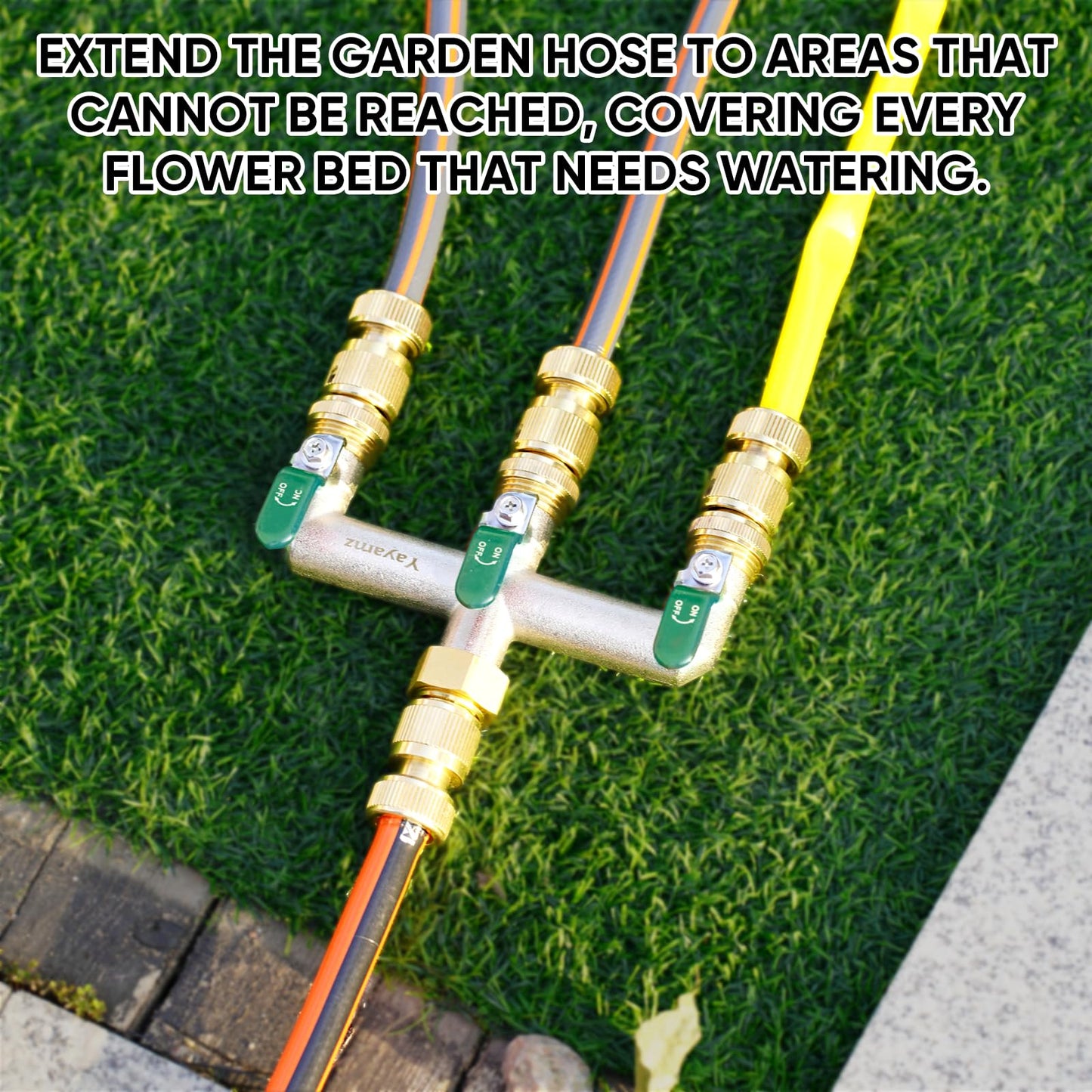Yayamz Heavy Duty Brass Garden Hose Splitter - 3-Way 3/4" GHT Thread, High Flow Faucet Splitter, Water Hose T Spigot Splitter with Shutoff Valves, Water Adapter & Connector-Long Metal Handle