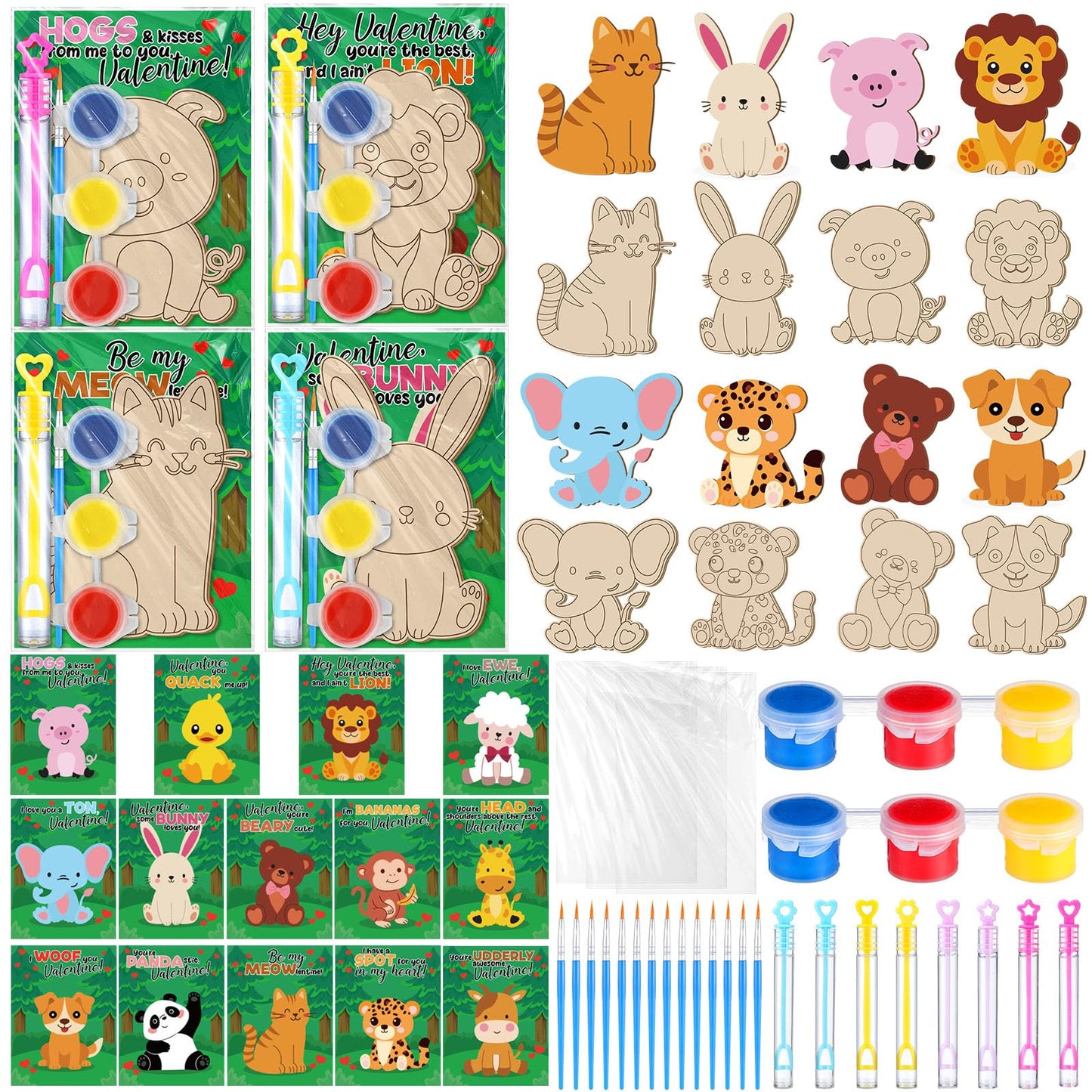 JellyArch 28 Set Animals Wood Kits Kids Painting Kit Painting Wooden Kits Bulk with Bubbles Card Watercolor Gift for Kids Classroom School Art Class DIY Craft Supplies Adopt a Pet Animals Party Favors