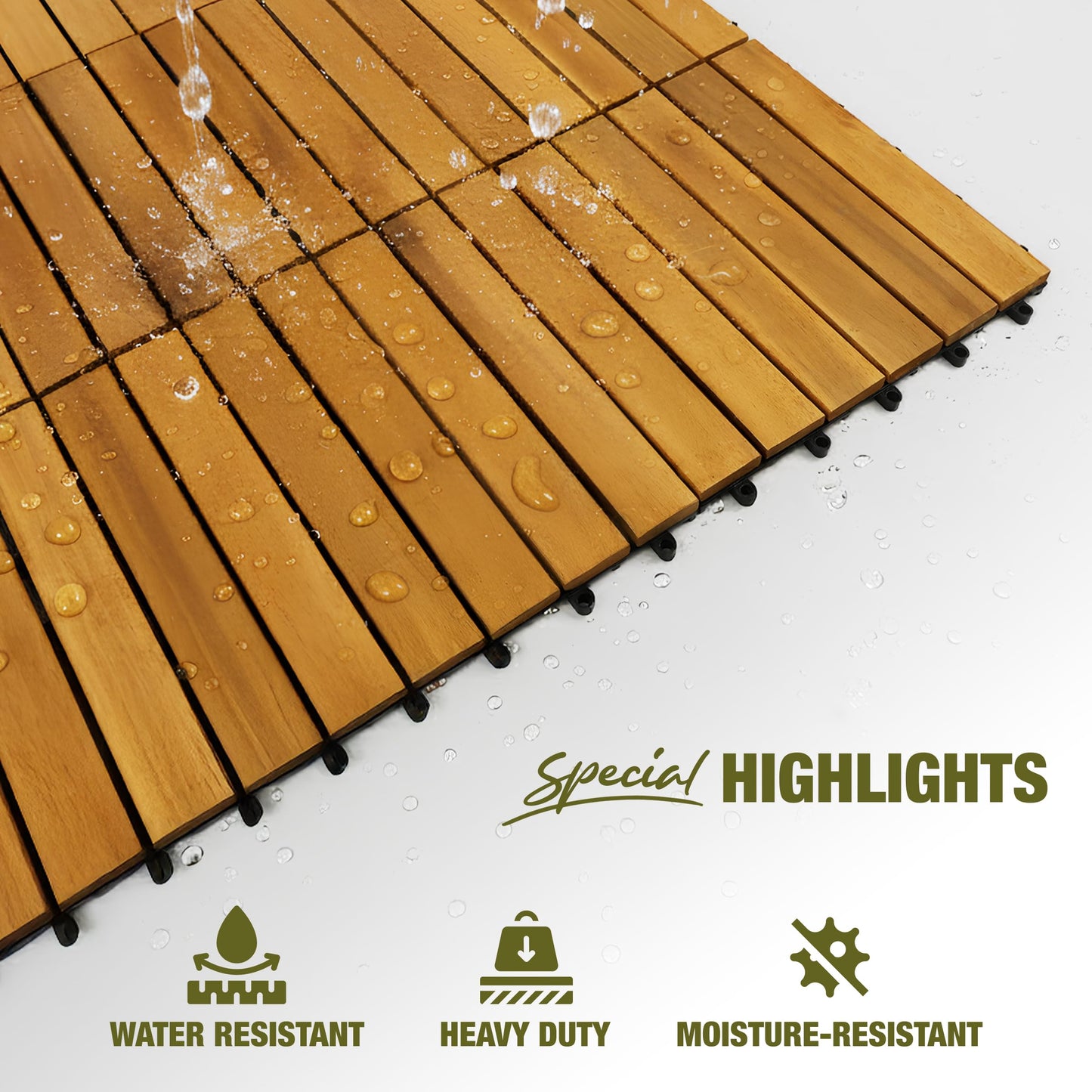 GREEN ALLUVIUM Premium Acacia Wood Interlocking Deck Tiles, 9 PCS 12"x12"x0.9" Floor Tiles, Waterproof Wood Flooring for Backyard & Outdoor Patio Decor, All Weather Use (Golden Teak – Striped Pattern)