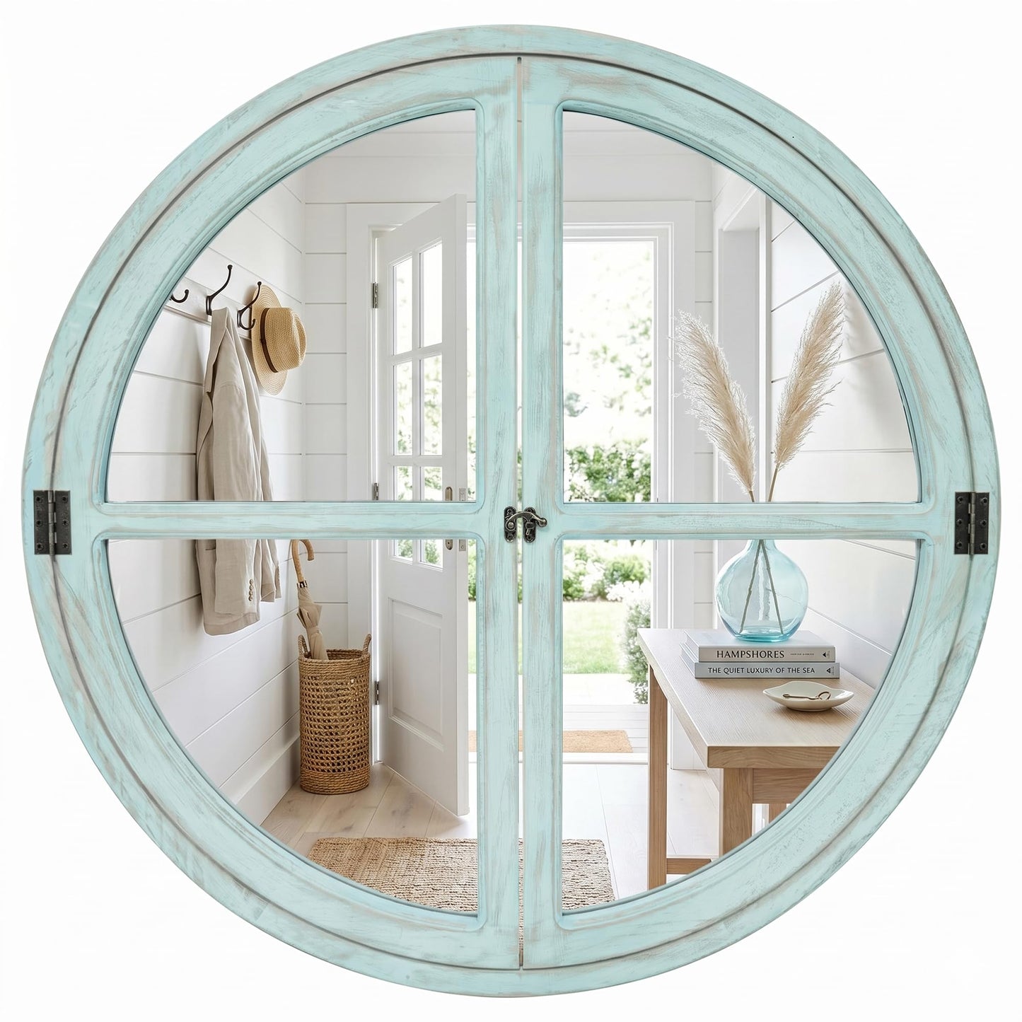 Pocetry 30" Round Window Mirror, Solid Wood Faux Windowpanes Wall Decor with Shatterproof Glass, Distressed Teal Coastal Farmhouse Accent Mirror for Entryway, Living Room, or Dining Room