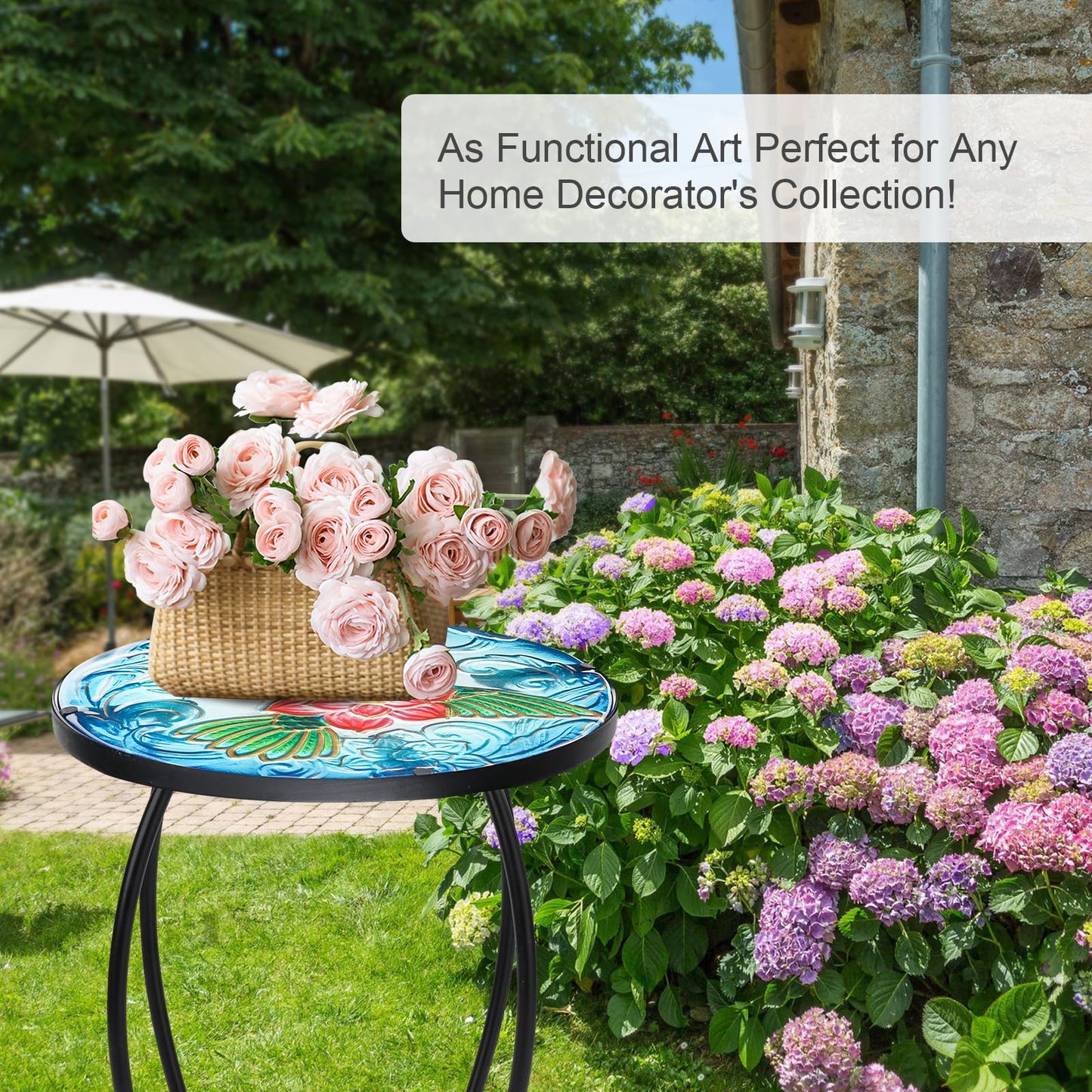 VCUTEKA Patio Side Table Outdoor Accent Table Bistro Coffee Table Plant End Table Small Porch Table Indoor Round Glass Balcony Plant Table Stands Hummingbird 14''
