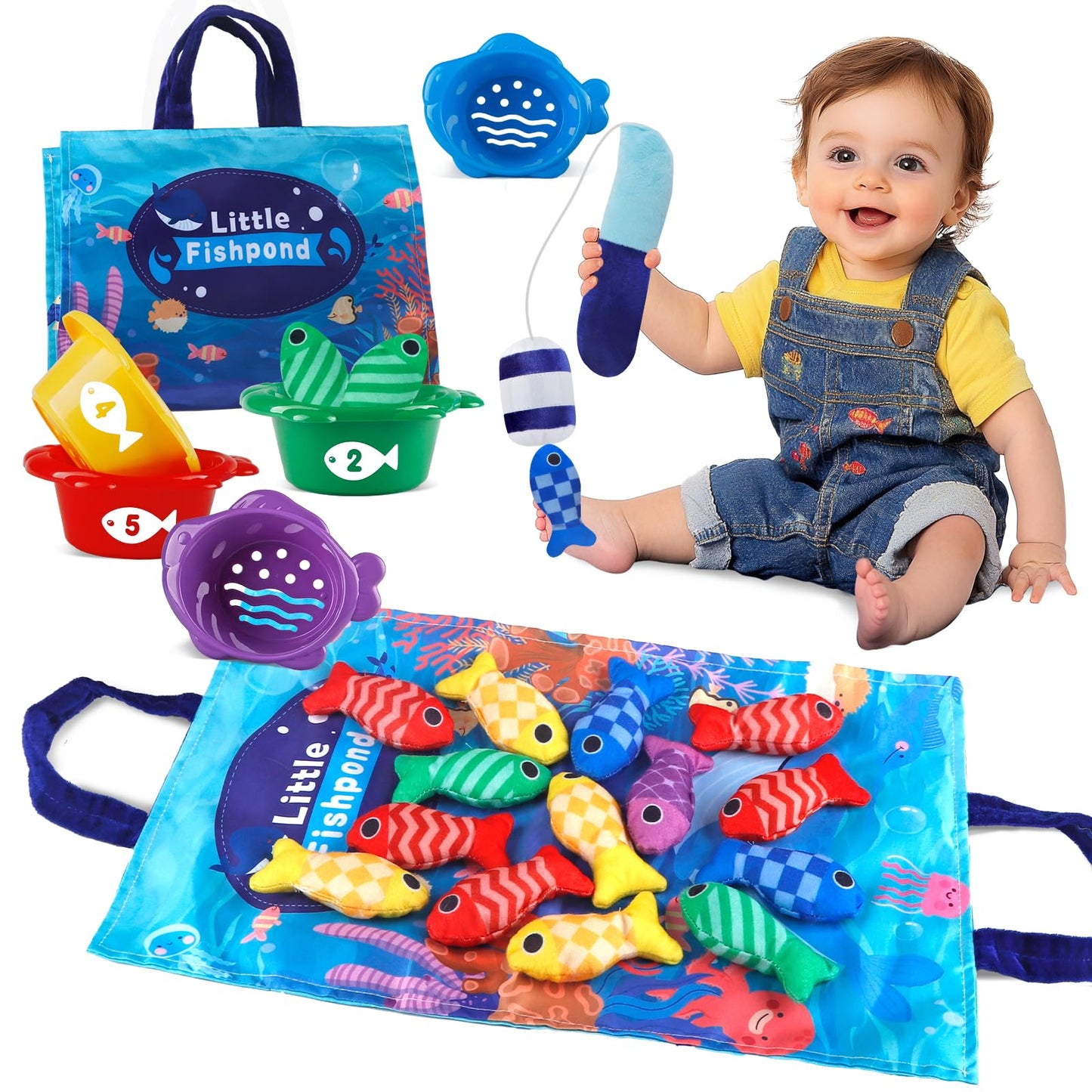 Fish Montessori Toys Gift for Baby 1 year Old 12-18 Months, 22 pcs Fishing Sorting Toy 1 2 Year Kids with Stacking Cups, Boy One Year Old Girls Easter Birthday Gift Toddler Toys for Aged 1 2