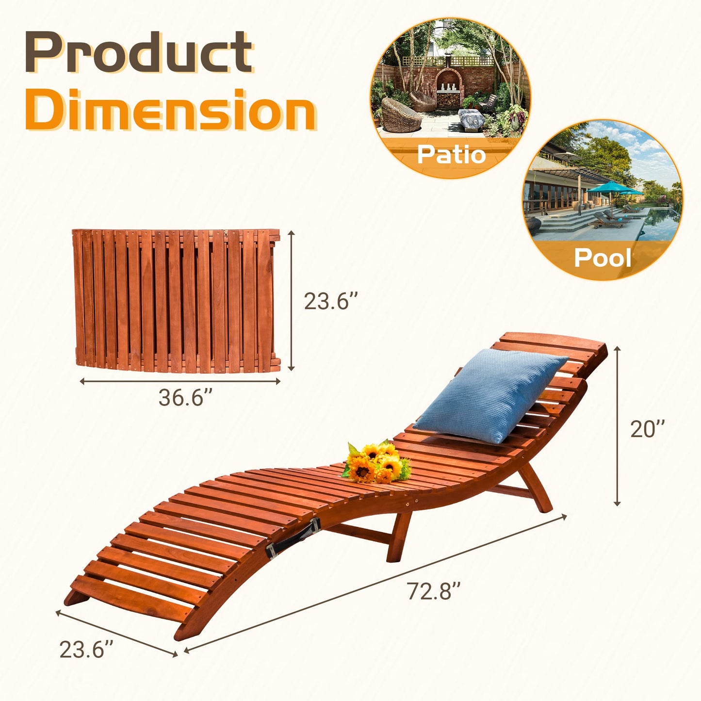 Greesum Wood Folding Chaise Lounge Chair, Weatherproof Extended Sun Lounger with Adjustable Headrest for Patio, Balcony Poolside Garden, Set of 2, Wooden