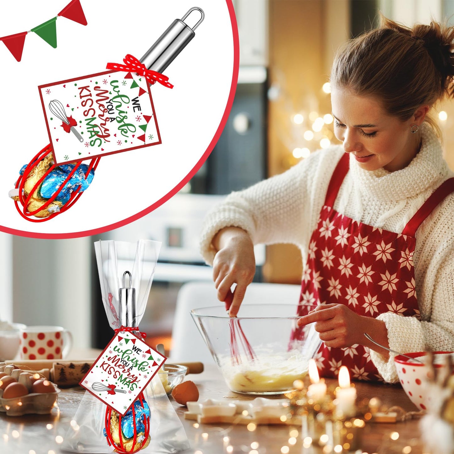 Nuogo 6 Sets Christmas Neighbor Gifts Christmas Whisk Baking Cooking Supplies Includes 8 Inch Stainless Steel Whisk, Greeting Cards, Ribbons, Plastic Bags for Kitchen Supplies Xmas Stocking Stuffers