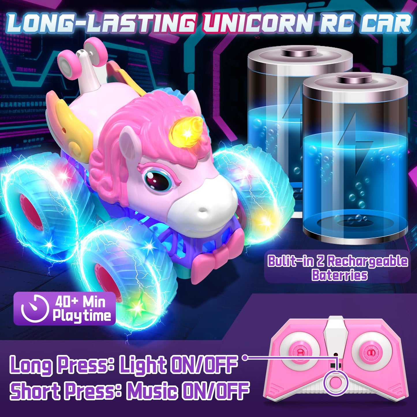 Lehoo Castle Remote Control Car for Girls 360° Rotating, Unicorn Monster Truck with Light & Music, 4WD All Terrain RC Stunt Car Rechargeable, 2.4GHz RC Truck for 3 4 5 6 7 8 Girls Birthday Gift