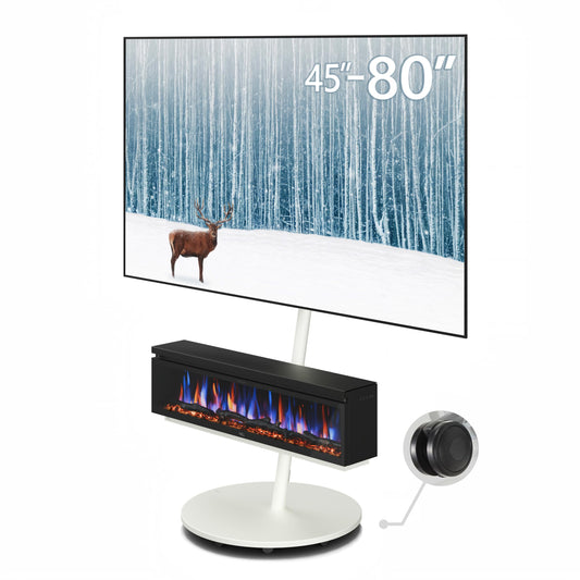 WALL SEVEN STAND A2 Grand Mobile TV Stand with FLAMEBAR Electric Fireplace & Shelf | Fits 45–80" TVs | Satin White | 1500 Flame Color Combinations | WiFi Enabled, 750/1500W Heater, Space-Saving Design