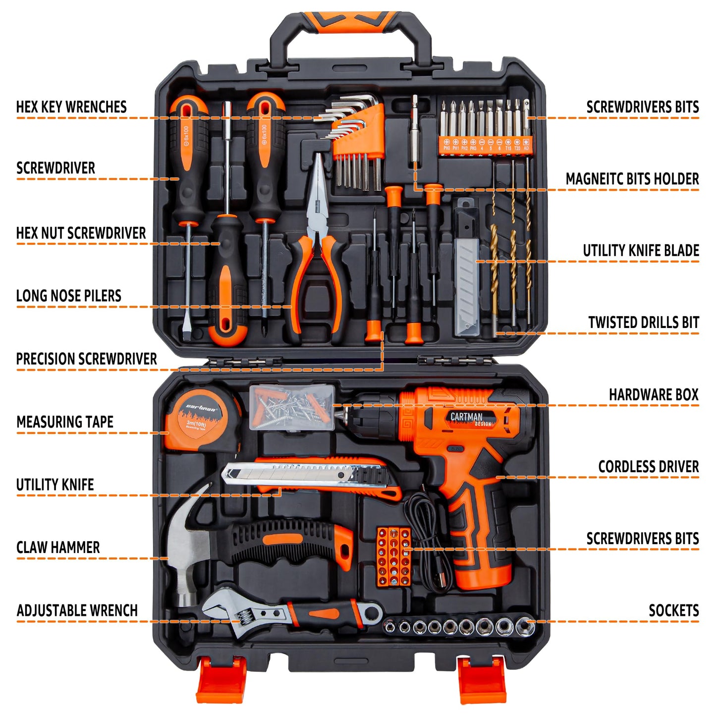 CARTMAN 150-Piece Household Tool Set with 8V Cordless Drill Driver Kit, Complete Hand Tool Set for Home Maintenance, DIY Projects, Orange