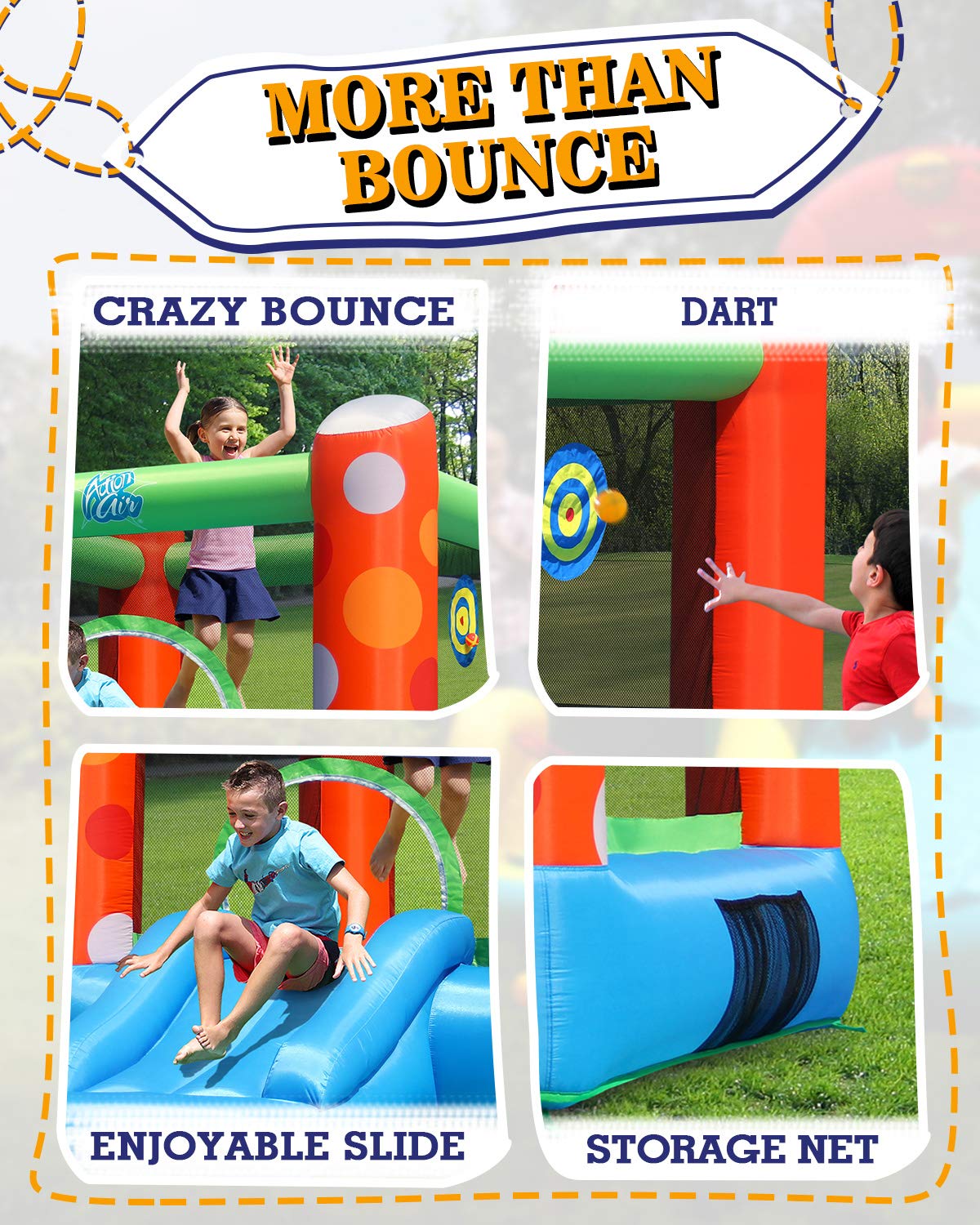 ACTION AIR Bounce House, Inflatable Bounce House with Air Blower, Bouncy Castle with Durable Sewn and Extra Thick, Family Backyard Jump House, Great Gift for Kids
