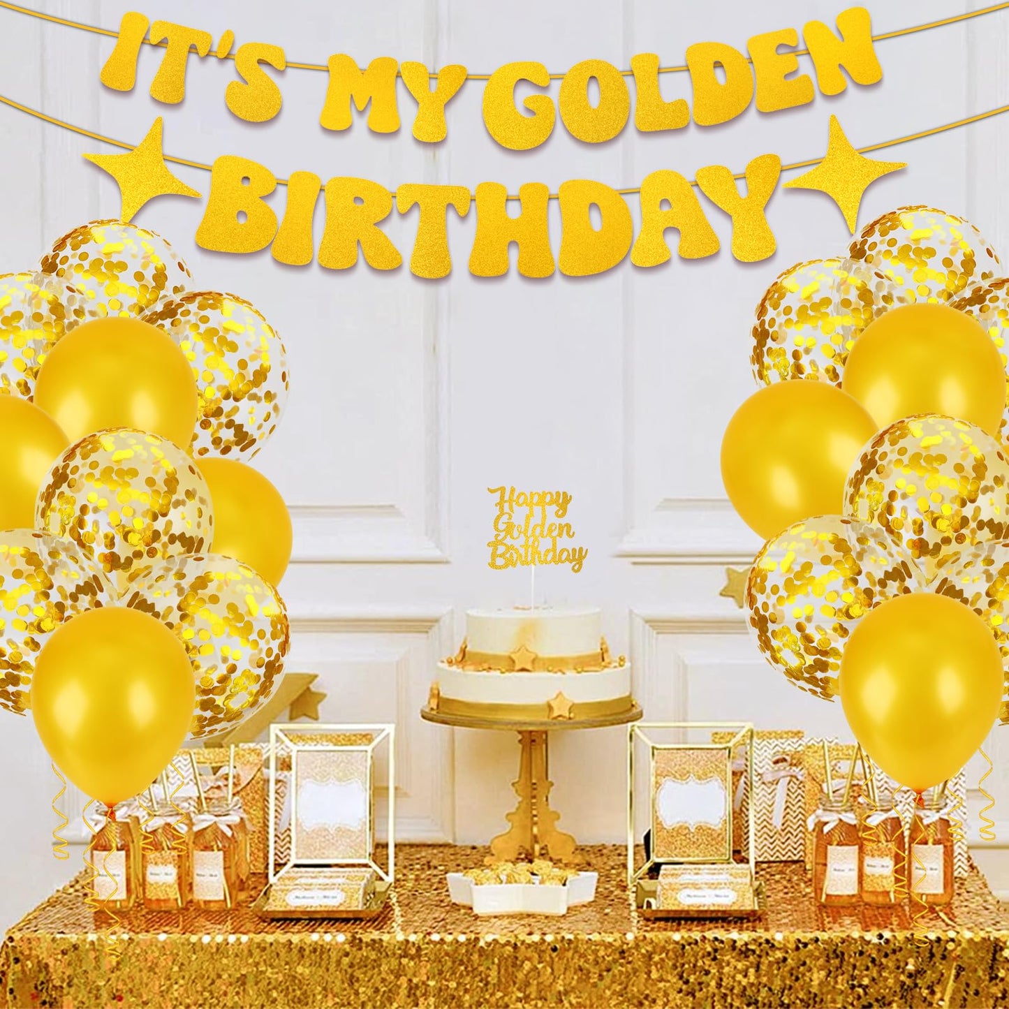 Golden Birthday Party Decorations PremiumIt’s My Golden Birthday Sash & Banner, Gold Cake Topper, Fringe Curtains, Balloons for Adult Women Men Party Supplies