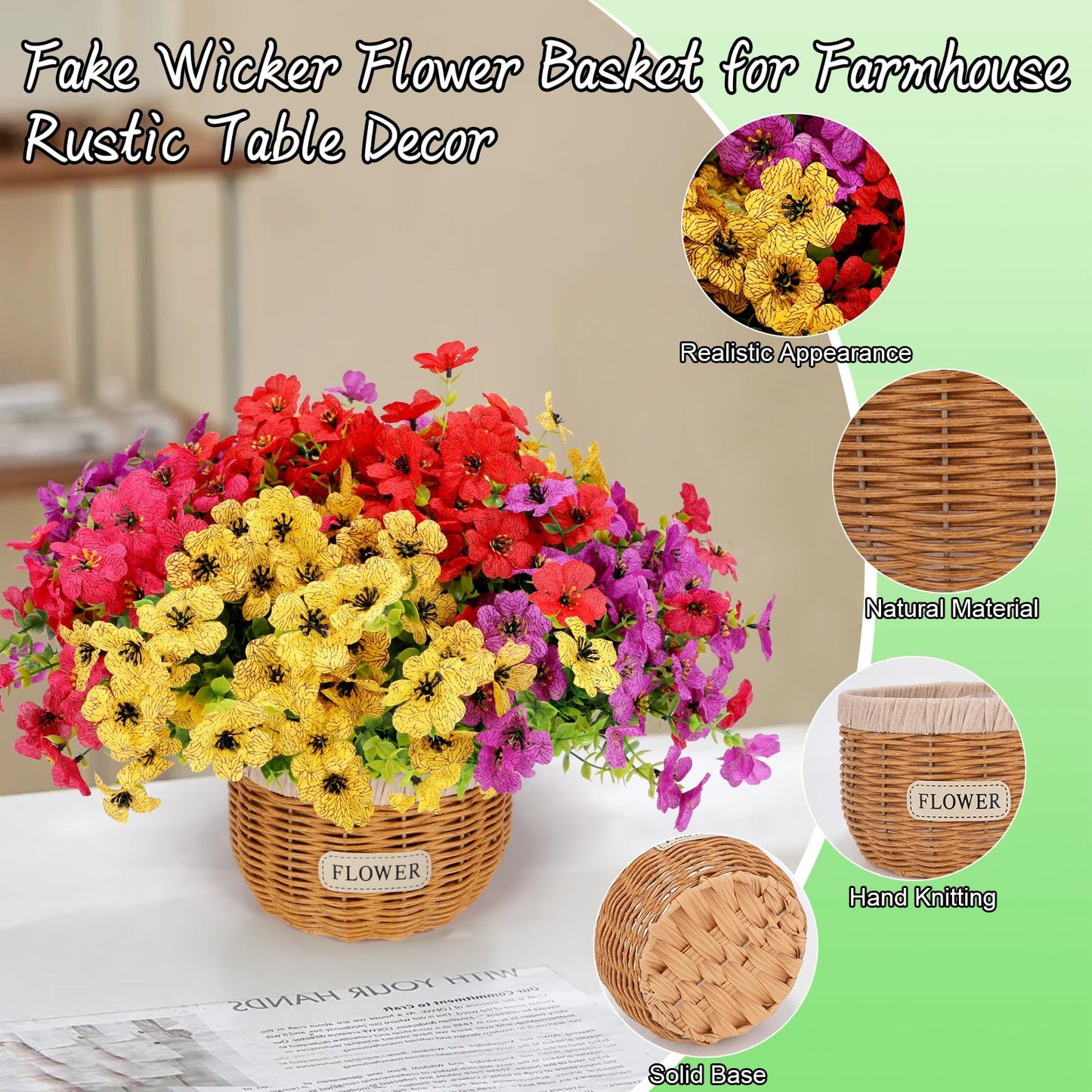 Geegoods Artificial Flower Arrangements for Tables, Fake Potted Mums Silk Flowers with 2 Rattan Baskets for Home Dining Bedroom Office Farmhouse Decor