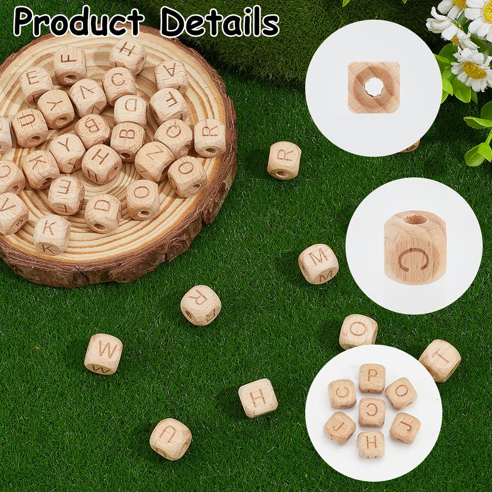 SUNNYCLUE 156Pcs 26 Styles Cube Wood Letter Beads Wooden Bead Alphabet 12mm Square Shape Initial A-Z Charms with 4.5mm Large Hole Loose Spacers for Jewelry Making Beading DIY Crafts Bracelet Earrings