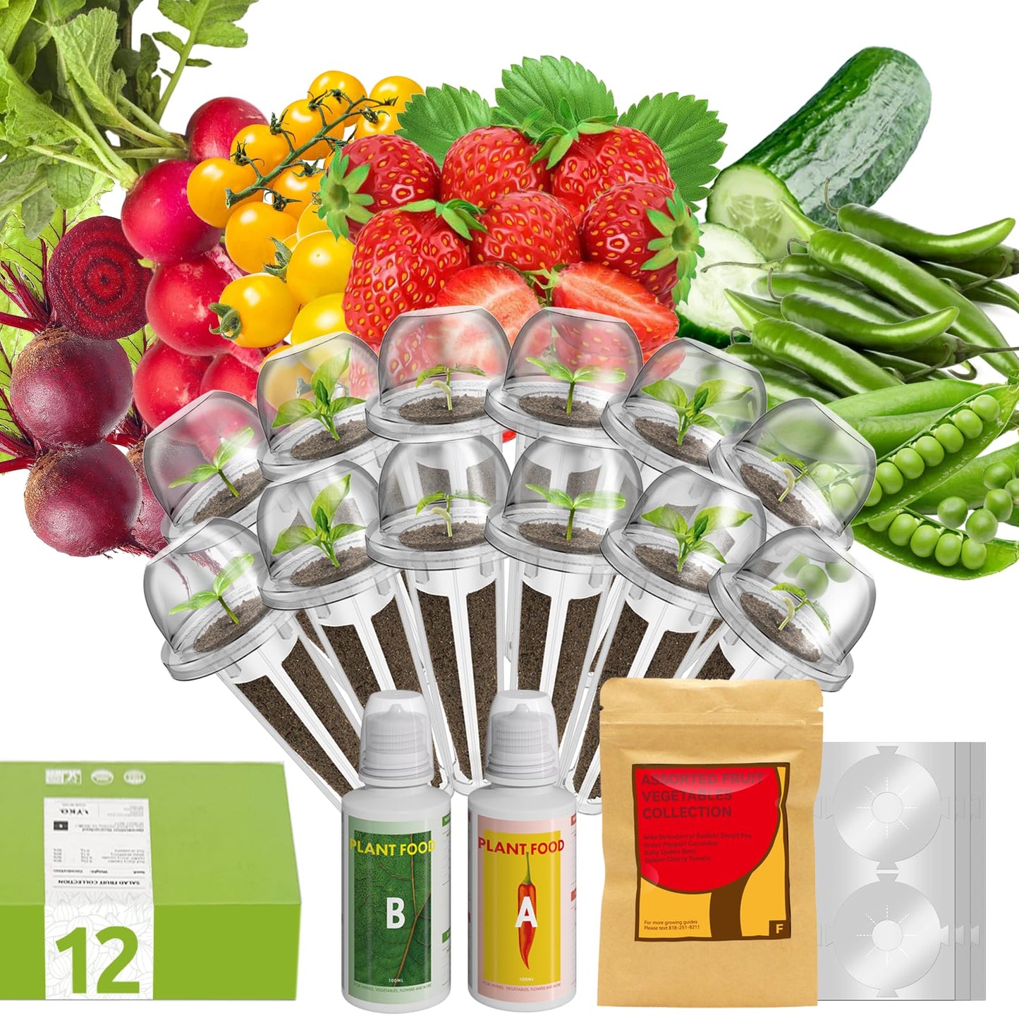 inbloom 12-Pod Fruit Seed Pod Kit for AeroGarden, iDOO, Ahopegarden Hydroponic Growing System, Included Strawberry, Cucumber, Green Pepper, Golden Tomato, Radish, Dwarf Pea, Beet, 400+ Seeds