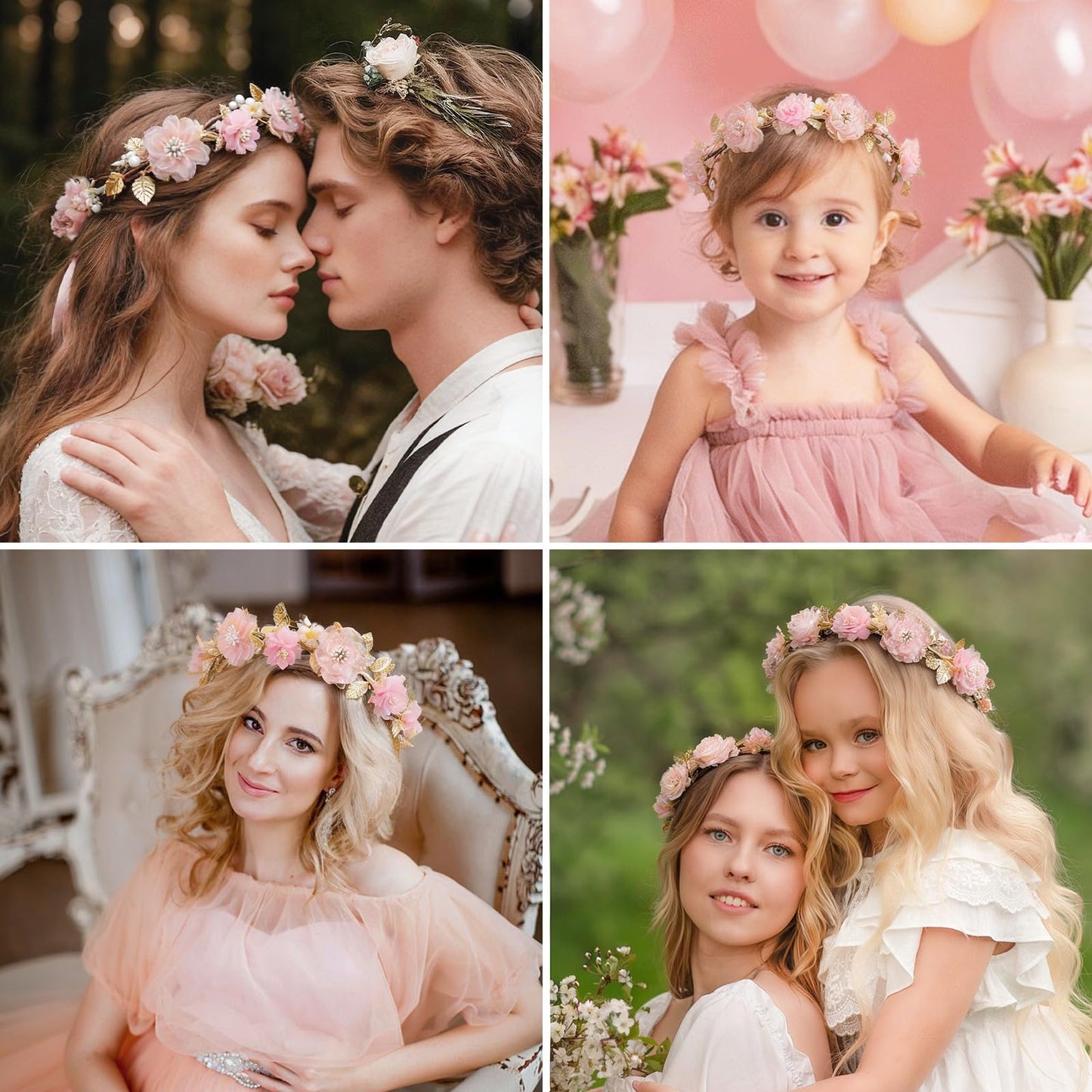 ZWLIYCHN Hot Pink Flower Crown Headband Adjustable Fairy Flower Crown with Golden Leaf Bohemia Floral Halo Headpiece Flower Garland Headband for Boho Wedding Flower Girl Maternity Photo Props