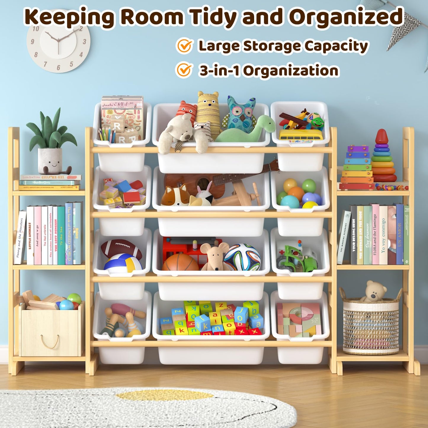 Ratulie Large Toy Storage Organizer Kids Toy Organizer and Bookshelf Combo with 12 Bins and 6 Shelves Toy Organization Box Toy Shelf for Playroom, Bedroom, Nursery