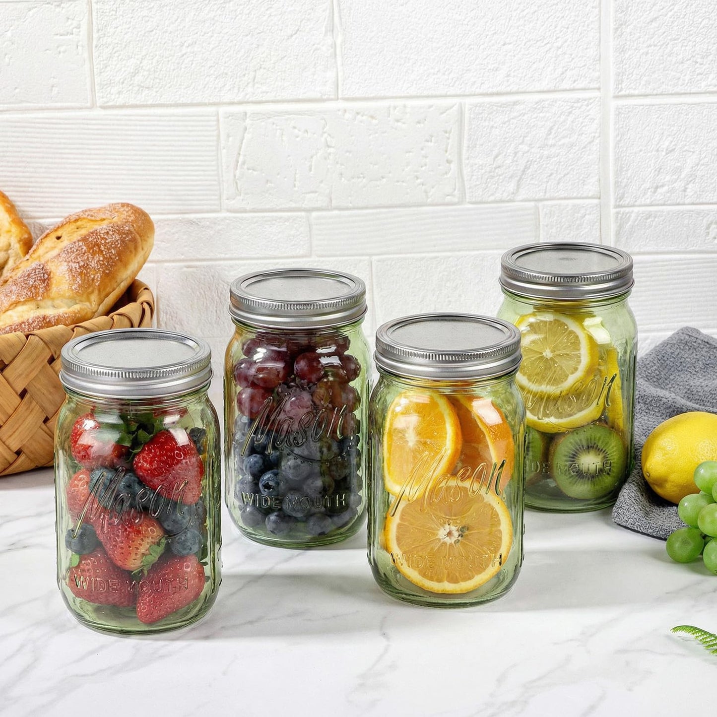 Rubtlamp Green Mason jar 32 oz, 12 Pack Glass Jars - Wide Mouth Mason Jars with Airtight Lids for Pickling, Fermenting, Food Storage&DIY Crafts, Microwave & Dishwasher Safe