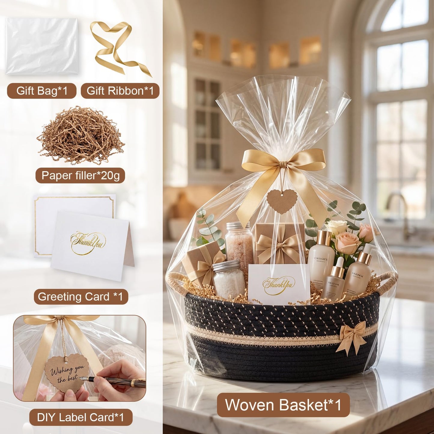 Colingmill Graduation Empty Gift Basket 14 * 10 * 5.5 in Basket with Gift Bag Ribbon and Paper Filler Thank You Card Tag for Graduation Nursery Living Room Shelves Birthday(Black,Jumper Wire)