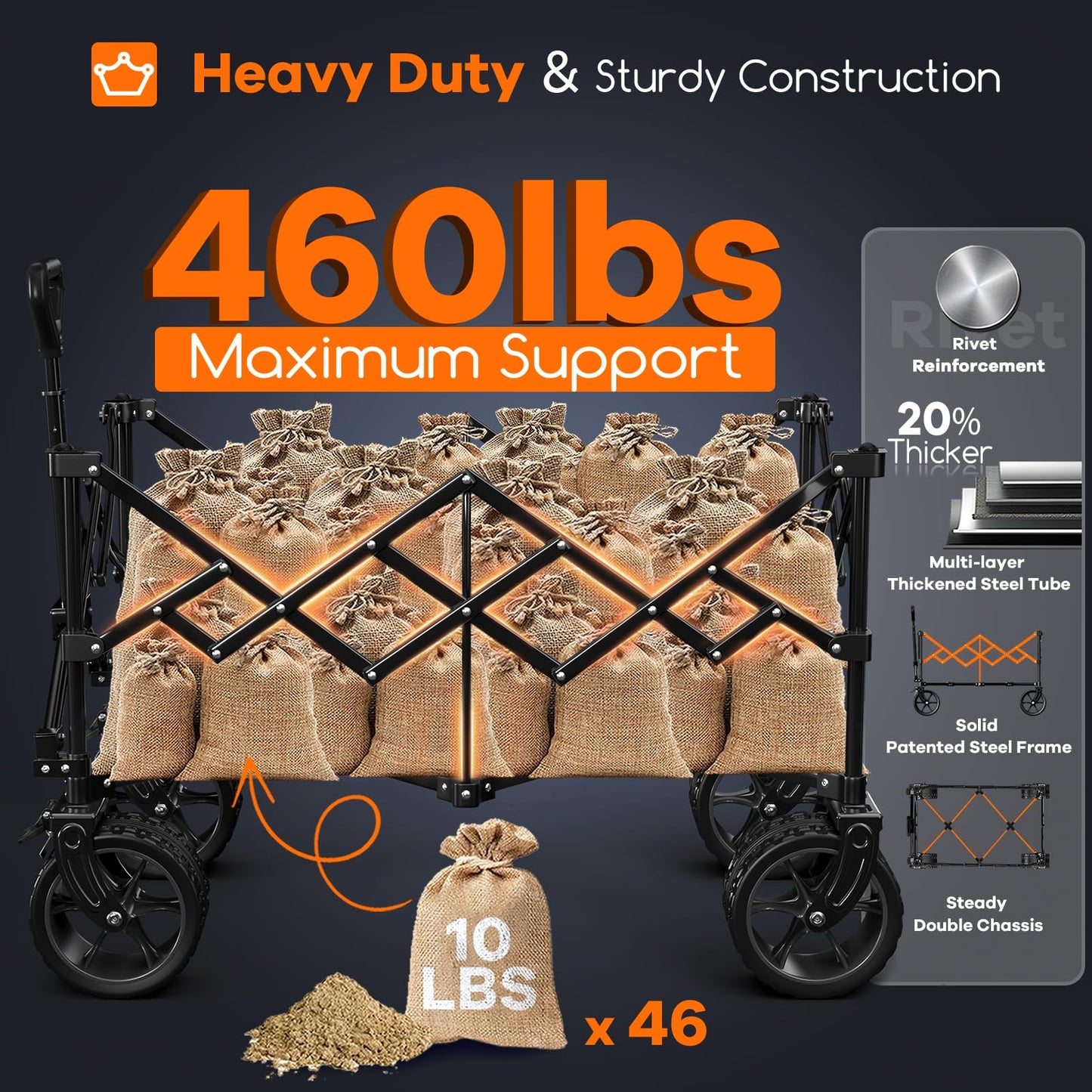 Originsure 38"L Collapsible Wagon Cart Foldable, 460lbs Weight Capacity 220L Heavy Duty Folding Beach Wagons with Big All-Terrain Wheels, Utility Carts for Groceries, Shopping, Camping, Sports - Black