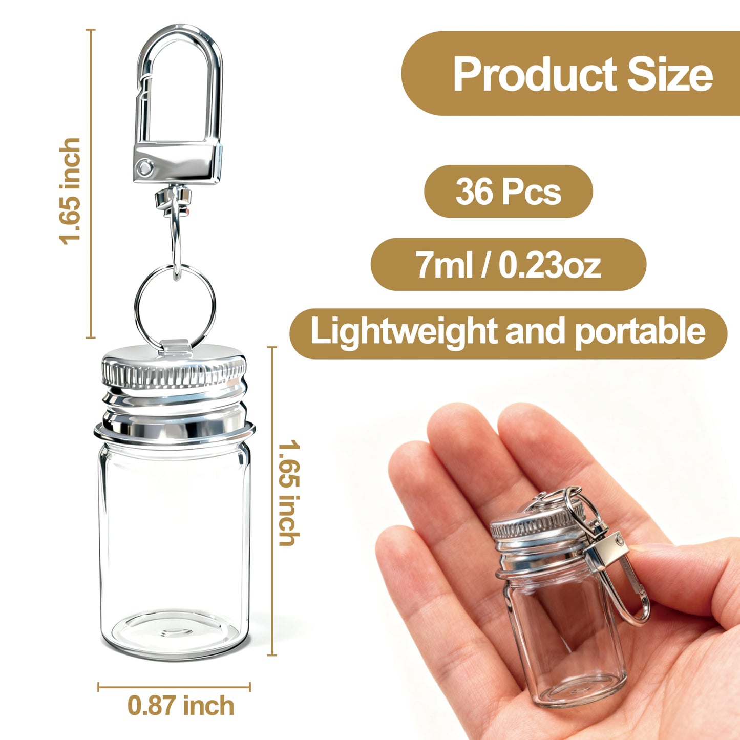 36 Pack 7ml Mini Glass Bottles with Aluminum Lids and Keychains, Tiny Wishing Jars for DIY Crafts, Wedding Favors, Home Decoration & Travel Gifts