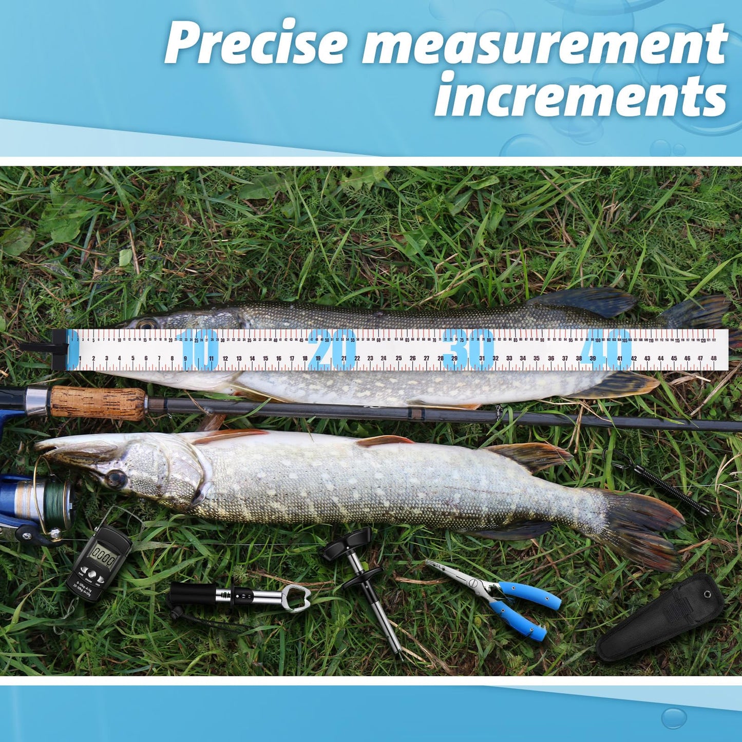 VioraWhite 7 Pcs 47 Inch PVC Fishing Ruler Bundle with Fishing Tools Easter Gifts for Men Anglers Loves Waterproof Roll-up Tape with Plier, Gripper, Hook Remover, Scale for Boat Kayak