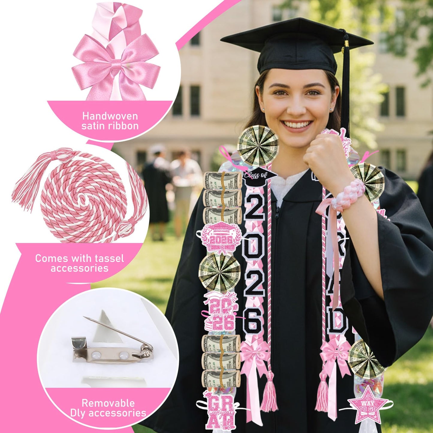 Hamdwerk Candy Leis for Graduation 2026, 36Pcs Graduation Leis Class of 2026, Graduate Ribbon Lei Making Kits with Honor Cord Patches Cards, Pink White Double Lei Necklace Decorations Graduation Gift