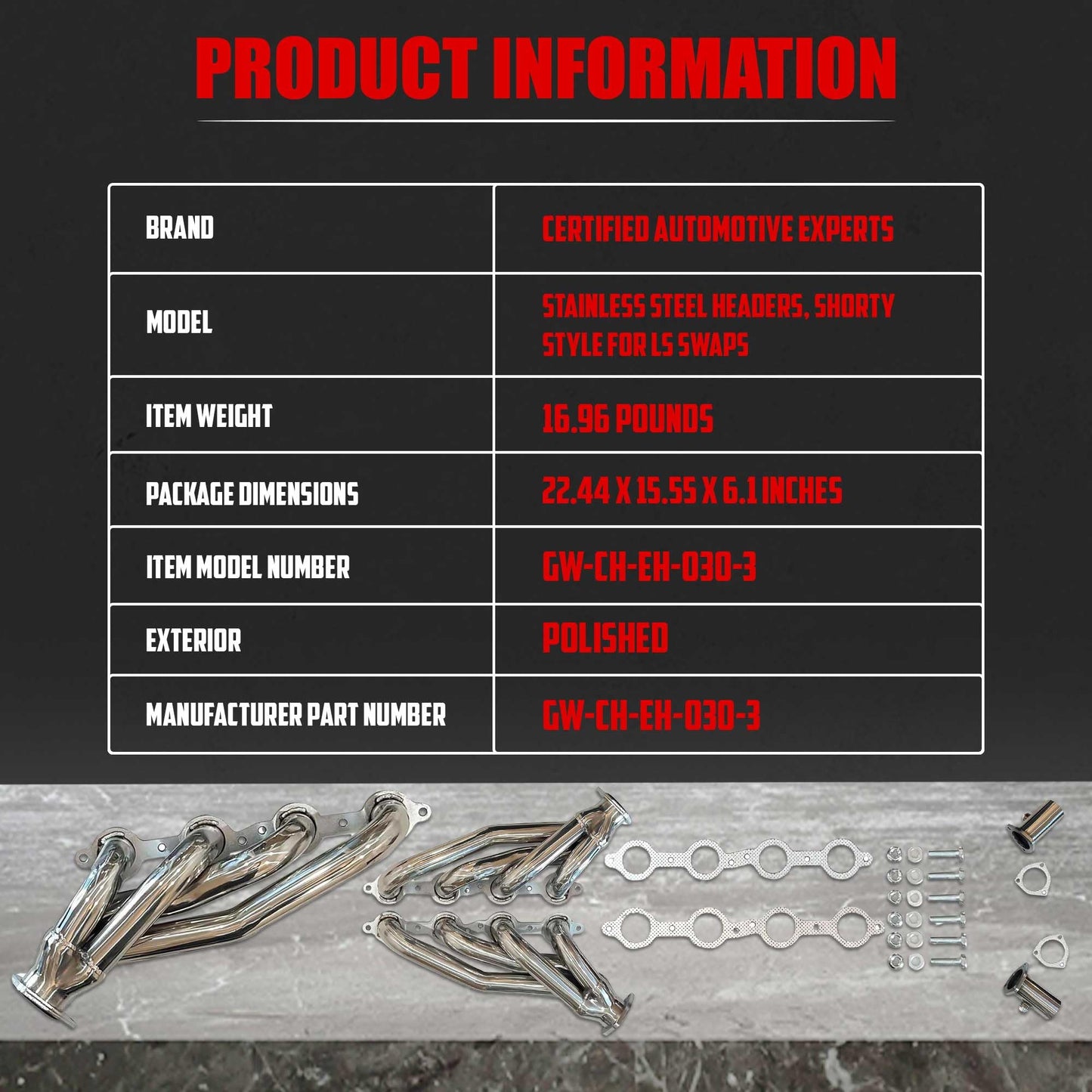 Shorty Headers for LS Swaps 304 Stainless Steel Exhaust Headers 2.5 Inch 3 Bolt Collectors Fits 4.8L 5.3L 5.7L 6.0L 6.2L LS1 LS2 LS3 LS6 V8 S10 C10 K10 Truck Includes Header and Collector Gaskets