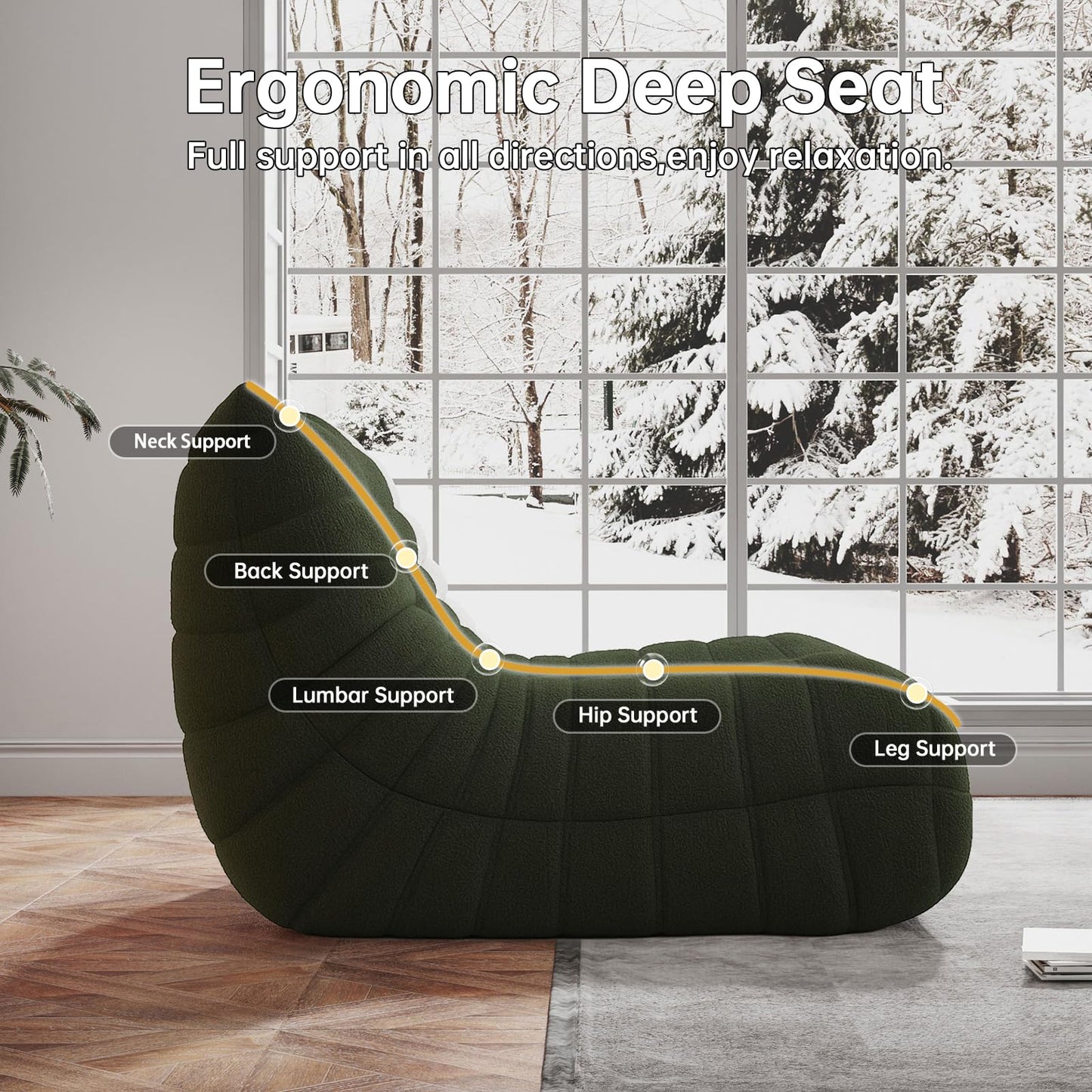 Memory Foam Bean Bag Chair for Adults, Teddy Material Beanbag Sofa with Filler, Cozy Floor Lounge Seat for Living Room, Bedroom, Dorm, Office (Green)