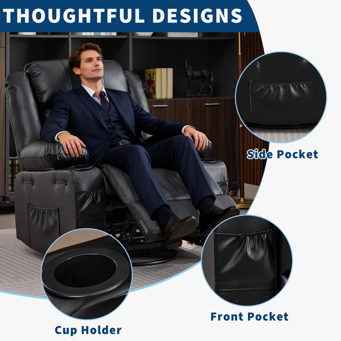 Rocking Recliner Chair for Adults PU Leather Wide Upholstered Glider Recliner with Cup Holder Deep Seat Single Sofa Rocker Chair for Nursery Living Room