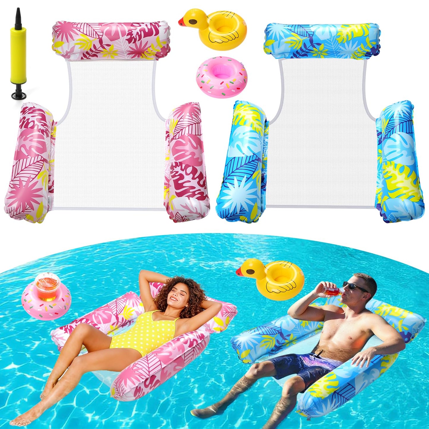 2 Pack Inflatable Pool Floats with 2 Drink Holders and 1 Air Pump, 4 in 1 Water Hammock with Cool Mesh Adult Swimming Pool Float Chair Sofa Lounger Saddle Toys for Beach Seaside Lazy River Hot Tub