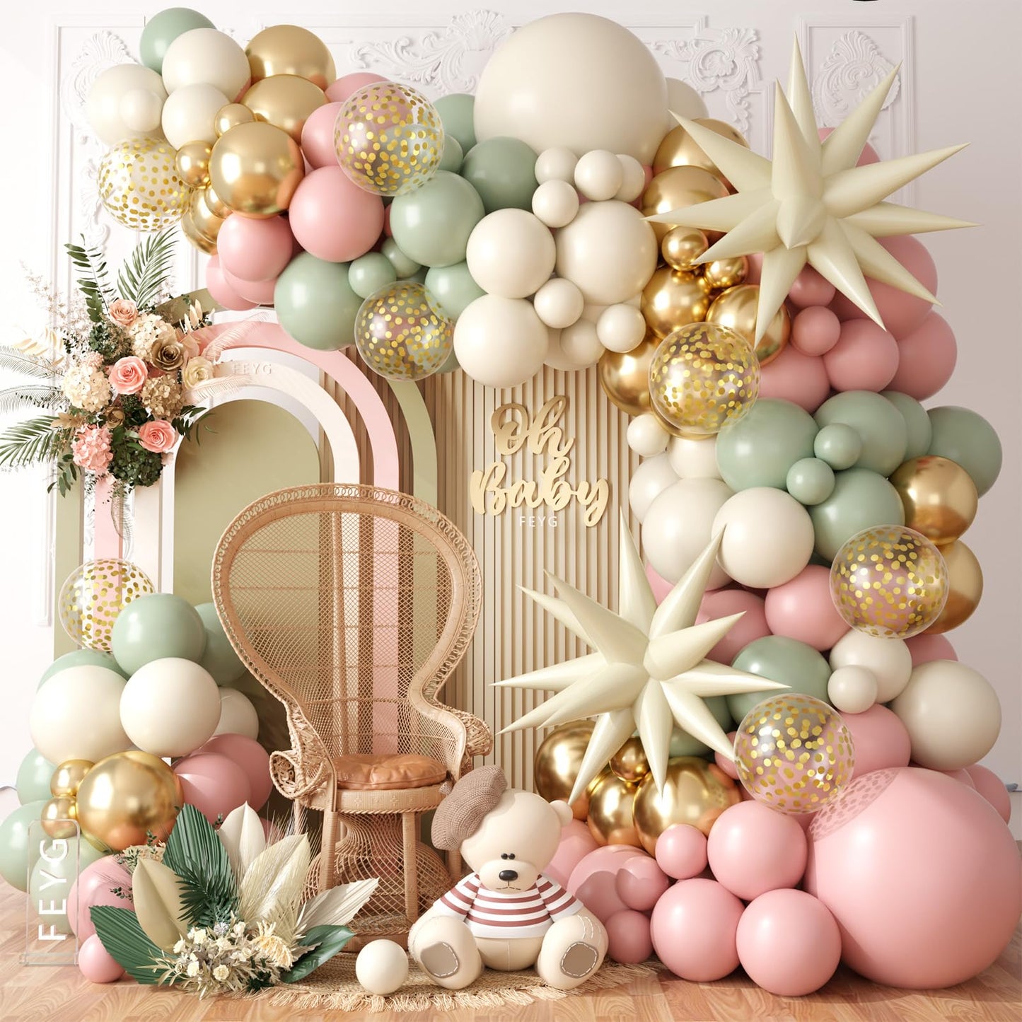 Sage Green Pink Balloon Arch Garland Kit, Sage Green Pink Sand White Beige Balloons with Gold Confetti Balloon Star Balloons for Jungle Safari Bridal Baby Shower Birthday Party Decoration