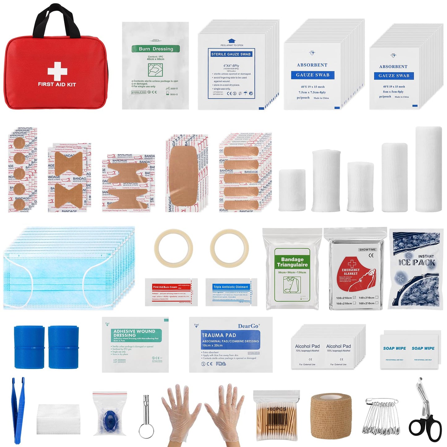 382 Piece Portable First Aid Kit, Emergency Preparedness Supplies for Home, Car, Travel, Camping, Office and Outdoor Use, Compact Red Bag with Assorted Bandages, Gauze and Care Accessories