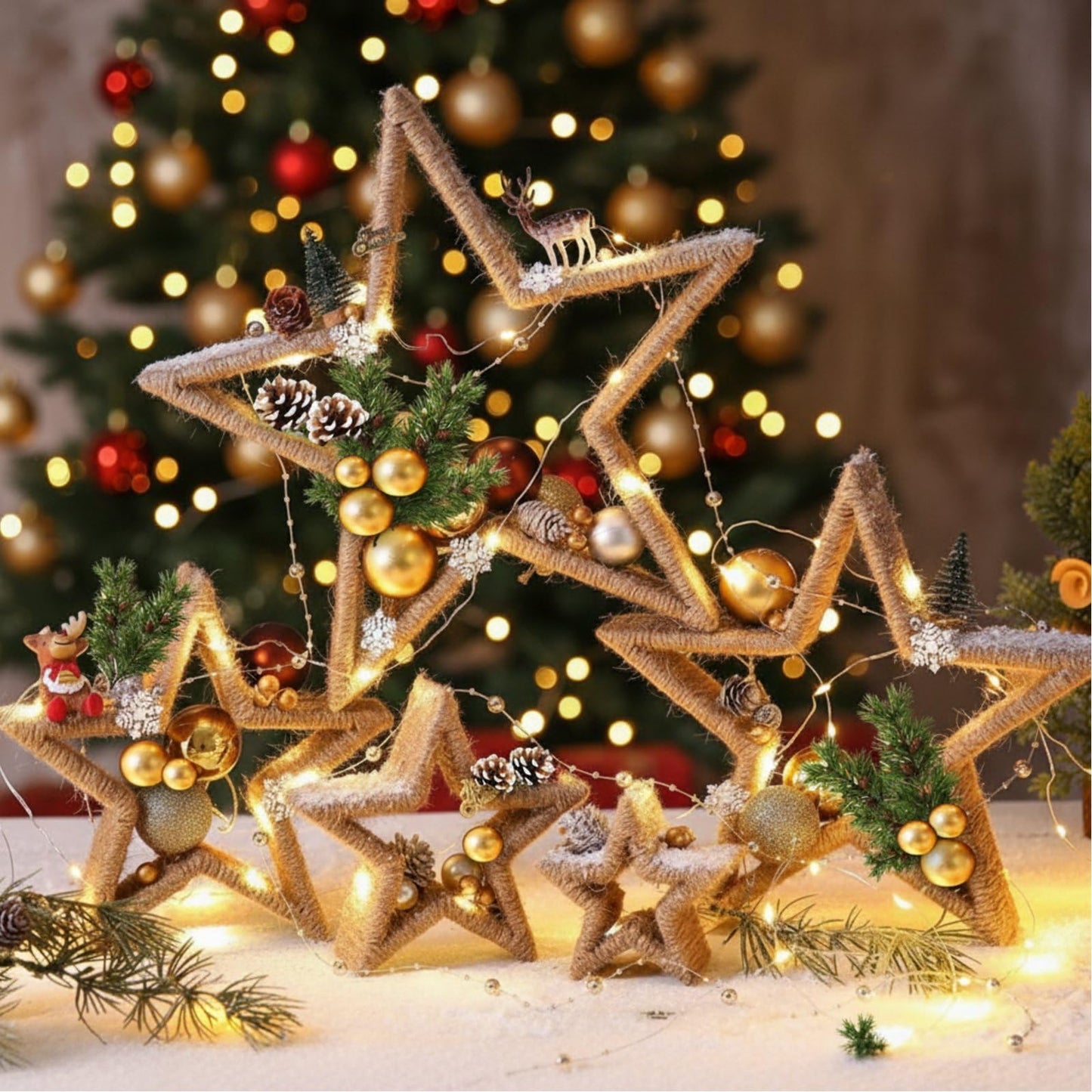 Vercraft 5 Pcs Lighted Wooden Stars Patriotic Star Table Centerpiece 4th of July Burlap Rope Tabletop Decor Signs for 250th Anniversary DIY Crafts Independence Day Memorial Day Party Office Home Shelf