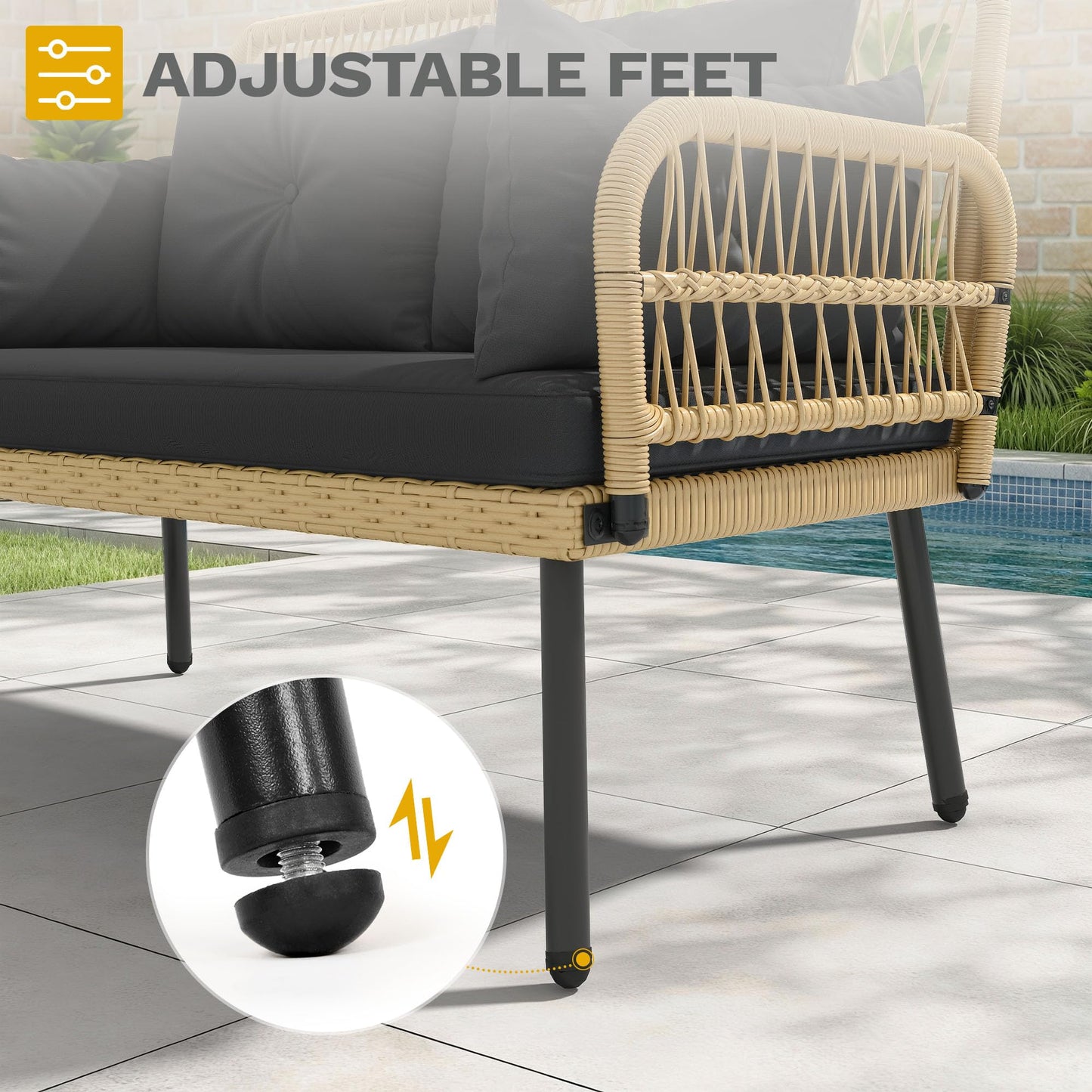 DWVO Outdoor Loveseat, Patio Wicker Furniture Set with Cushion & Adjustable Feet, Patio Couch for Garden, Balcony, and Porch, Black