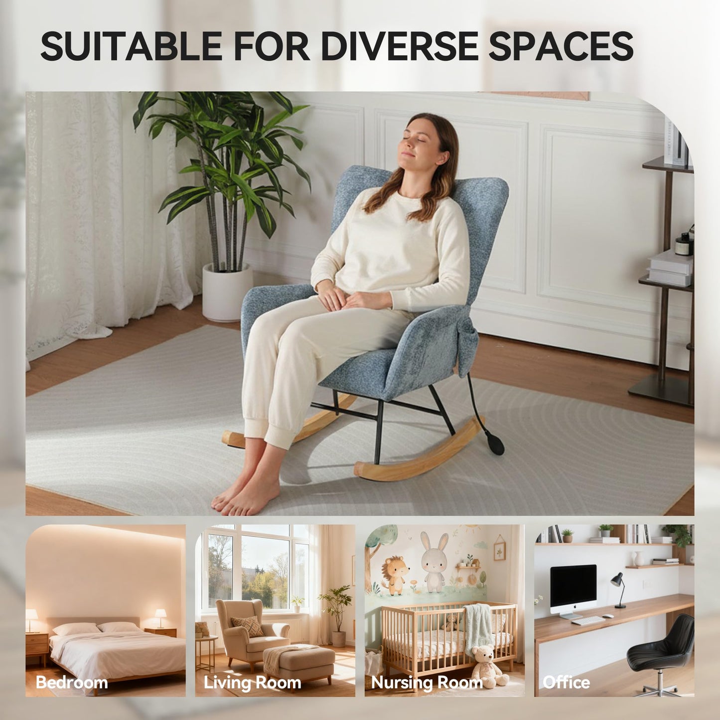 ETCZOYE Rocking Chair with Airbag, Comfy Modern Reading & Nursing Nursery Rocking Chair Indoor, Cozy Upholstered Glider Rocker Chairs for Living Room Bedroom Offices, (Chenille, Blue)