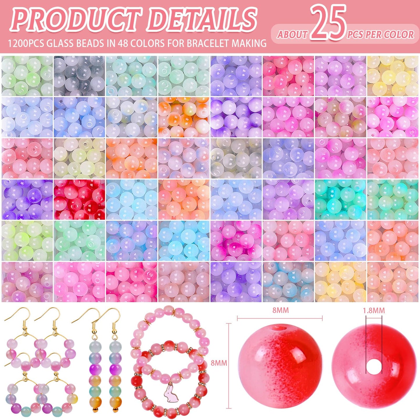 Wuollgess 1700Pcs 8mm Glass Beads for Jewelry Making,Round Bracelet Making Kit in 48 Colors with Gold Silver Spacer Beads, Charms & Elastic String, Friendship Bracelet Bead Kit for Adults and Crafters