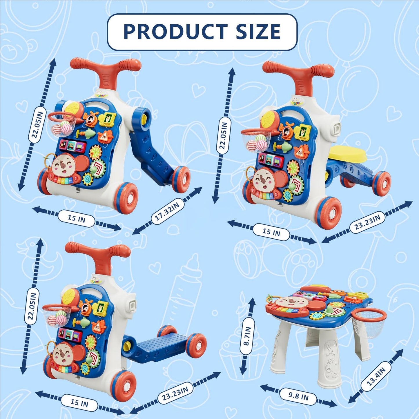 QDRAGON 5 in 1 Push Walkers for Baby Boys, Toddler Learning to Walk, Sit to Stand Walker, Early Learning Push Toy for Infant 12+ Months, Navy Blue