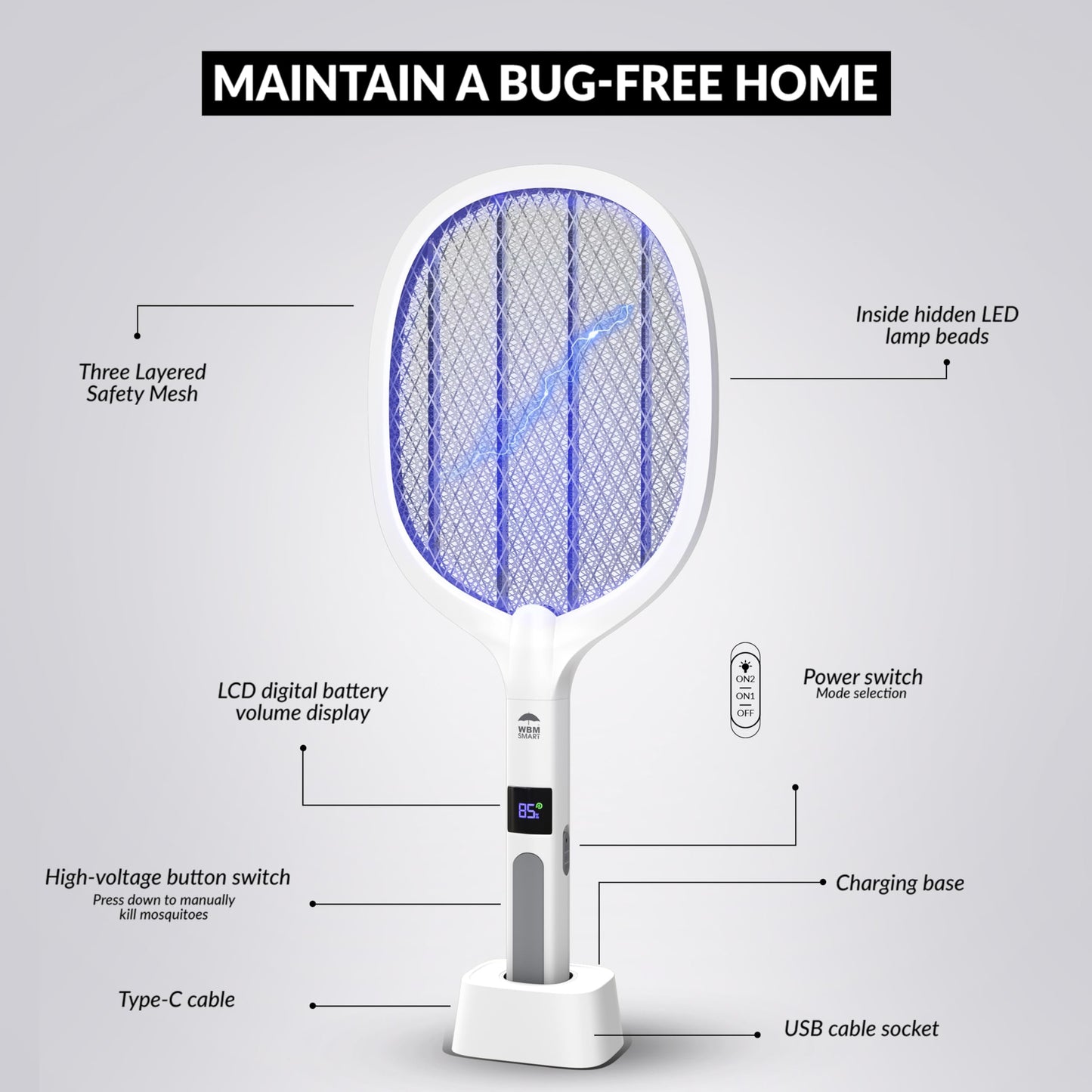 WBM Smart 2 in 1 Electric Bug Zapper, Mosquitoes Trap Lamp & Racket, USB Rechargeable Electric Fly Swatter for Home and Outdoor Powerful Grid 3-Layer Safety Mesh Safe to Touch, Pack of 2