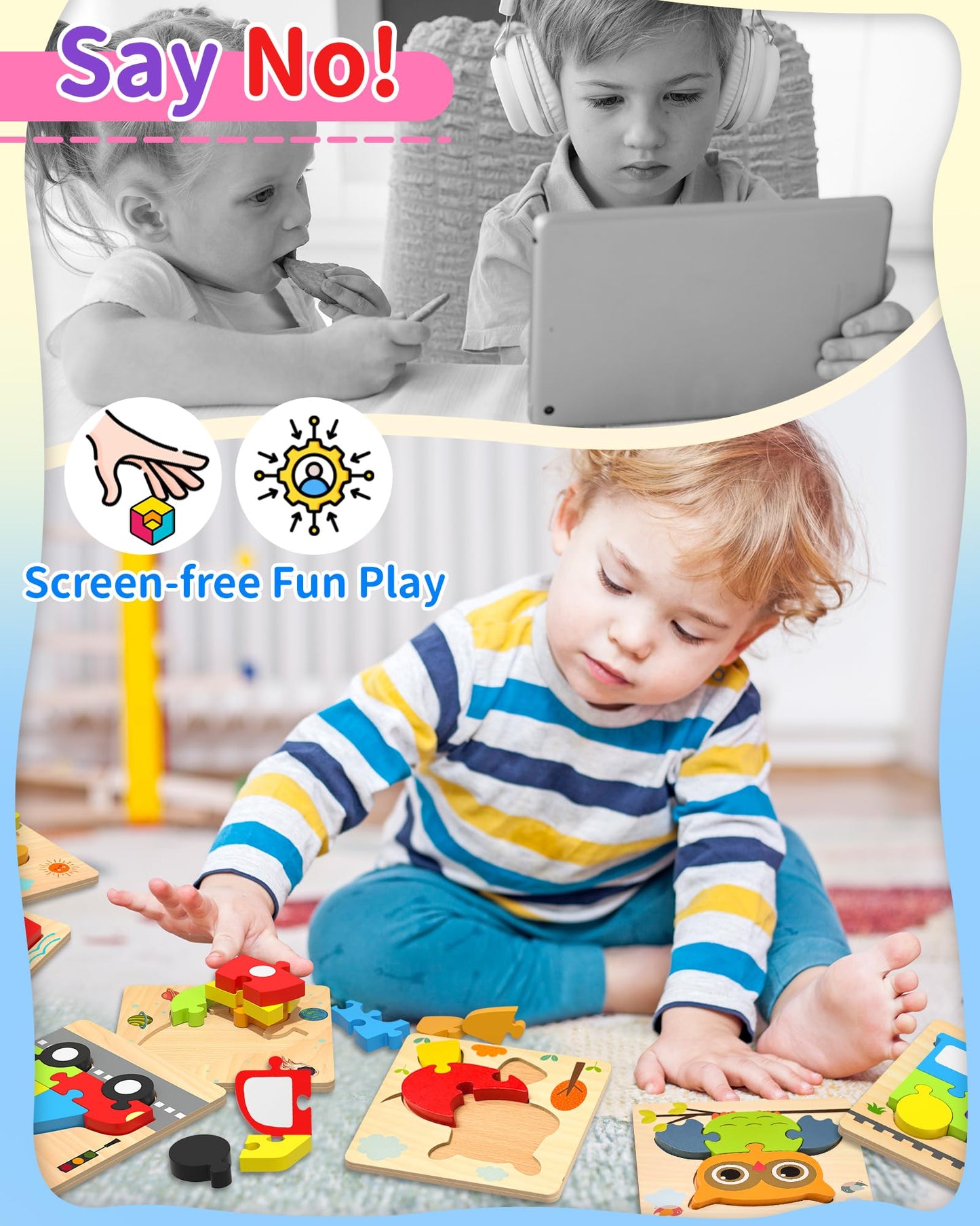 Wooden Puzzles Toddler Toys for Boys Girls, 12 Vehicle Shape Learning Educational Blocks Birthday Gifts Sensory Toy Montessori Toys