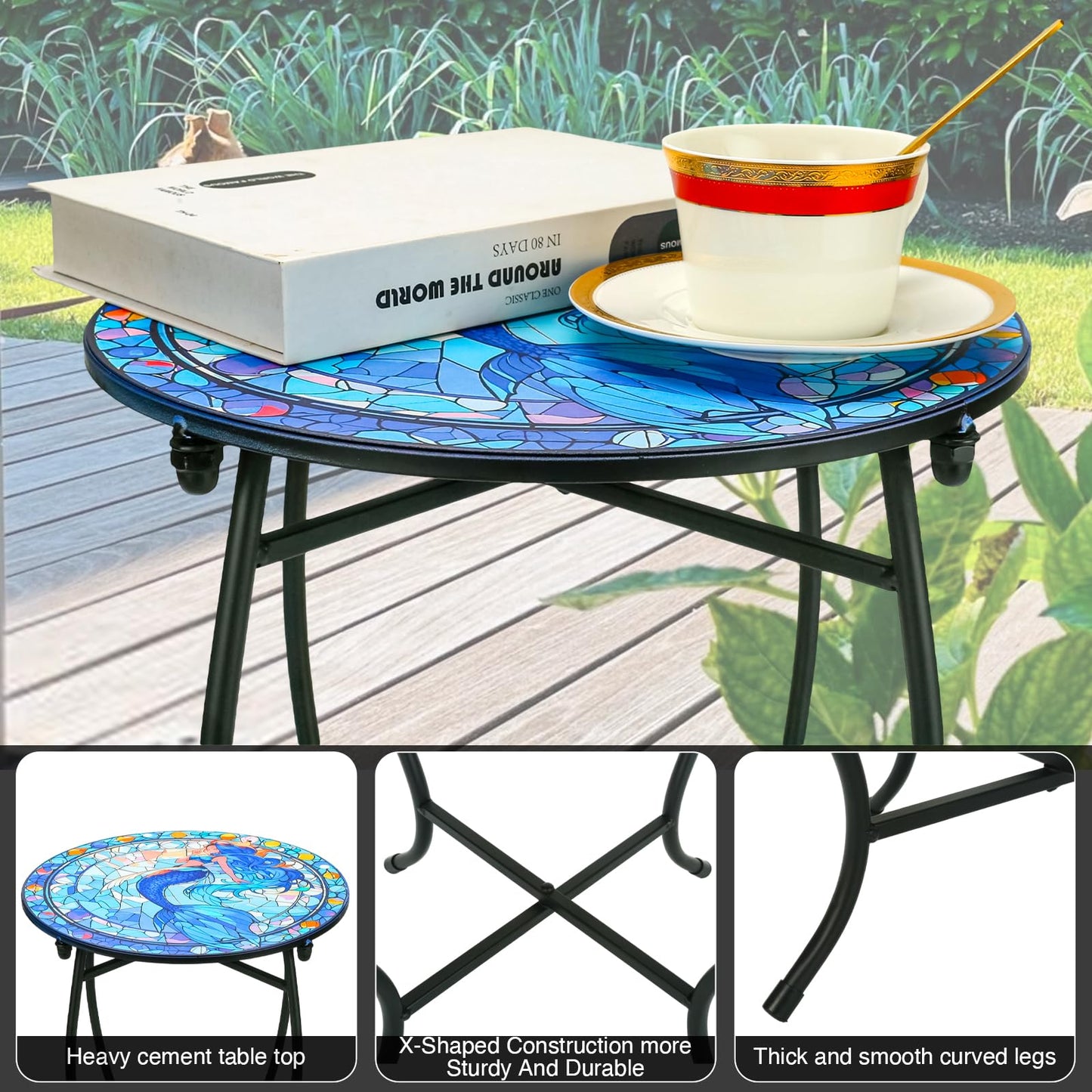 Indoor Outdoor Metal Round Side Table, 14 Inch Round Patio Coffee Bistro Table, Weather Resistant Black Metal Side Table for Patio Balcony Yard Porch Garden, Plant Stand for Indoor Outdoor Use