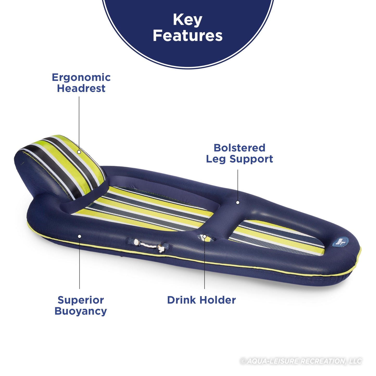 Aqua Luxury Pool Float Lounge – Extra Large – Heavy Duty, Inflatable Pool Floats for Adults with Headrest, Backrest, Footrest & Cupholder – Navy/Green/White Stripe