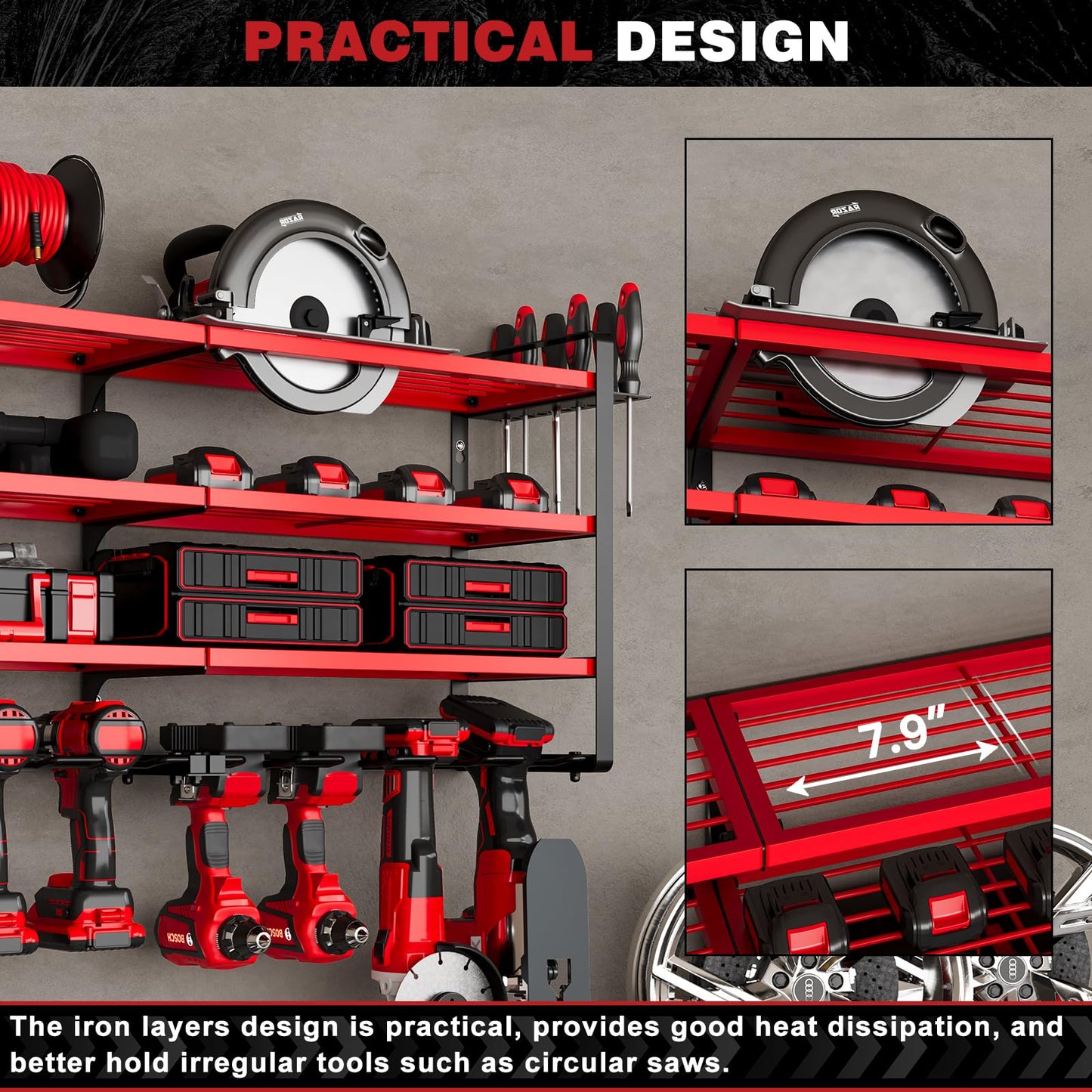 NattyDot 48" Large Power Tools Organizer Wall Mount,12 Drill Holder for Garage, Workshop Heavy Duty Storage Rack (Red)