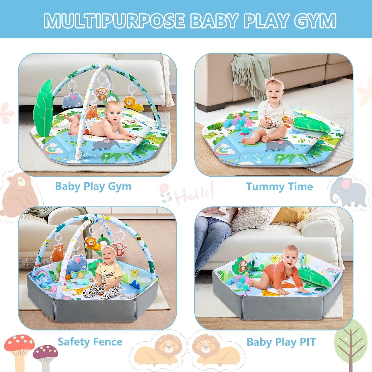 ZFDEBY Baby Gym Play Mat, 8-in-1 Tummy Time Mat & Activity Gym Mat Ball Pit with Detachable Toys, Washable Infant Play Mat for Visual, Hearing, Sensory, Motor Development, Newborn Baby Toys Gift for Toddler 0-3-6-9-12 Months Easy to Install