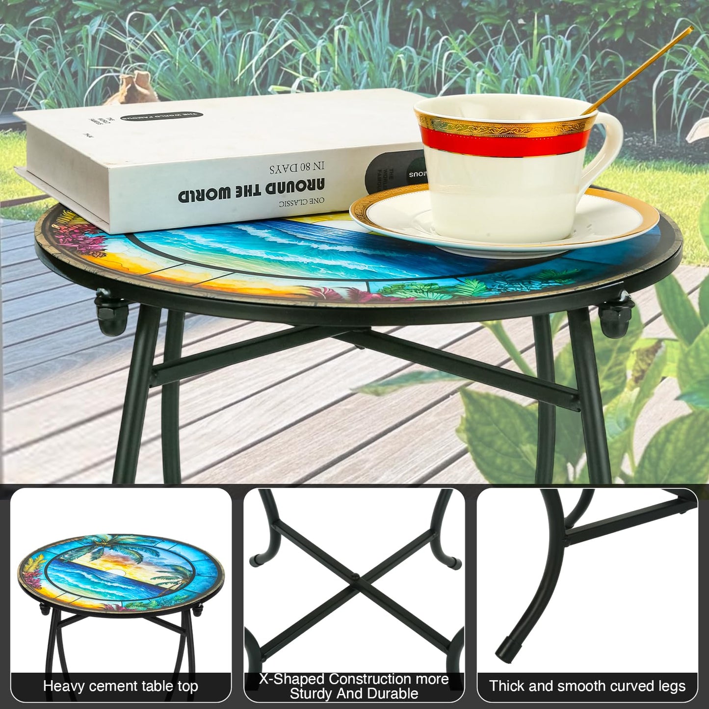 Indoor Outdoor Metal Round Side Table, 14 Inch Round Patio Coffee Bistro Table, Weather Resistant Black Metal Side Table for Patio Porch Garden Balcony Yard, Plant Stand for Indoor Outdoor Use