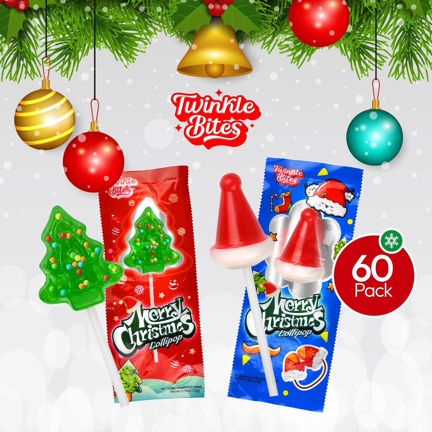 60 Pack Christmas Lollipops - Individually Wrapped Christmas Holiday Themed Hat And Tree Lollipops - Colorful Red & Green Designs & Delicious Flavor -Bulk Candy Use For Stocking Stuffers, Party Favor, Classroom & Office Treats, Candy Jar Fillers