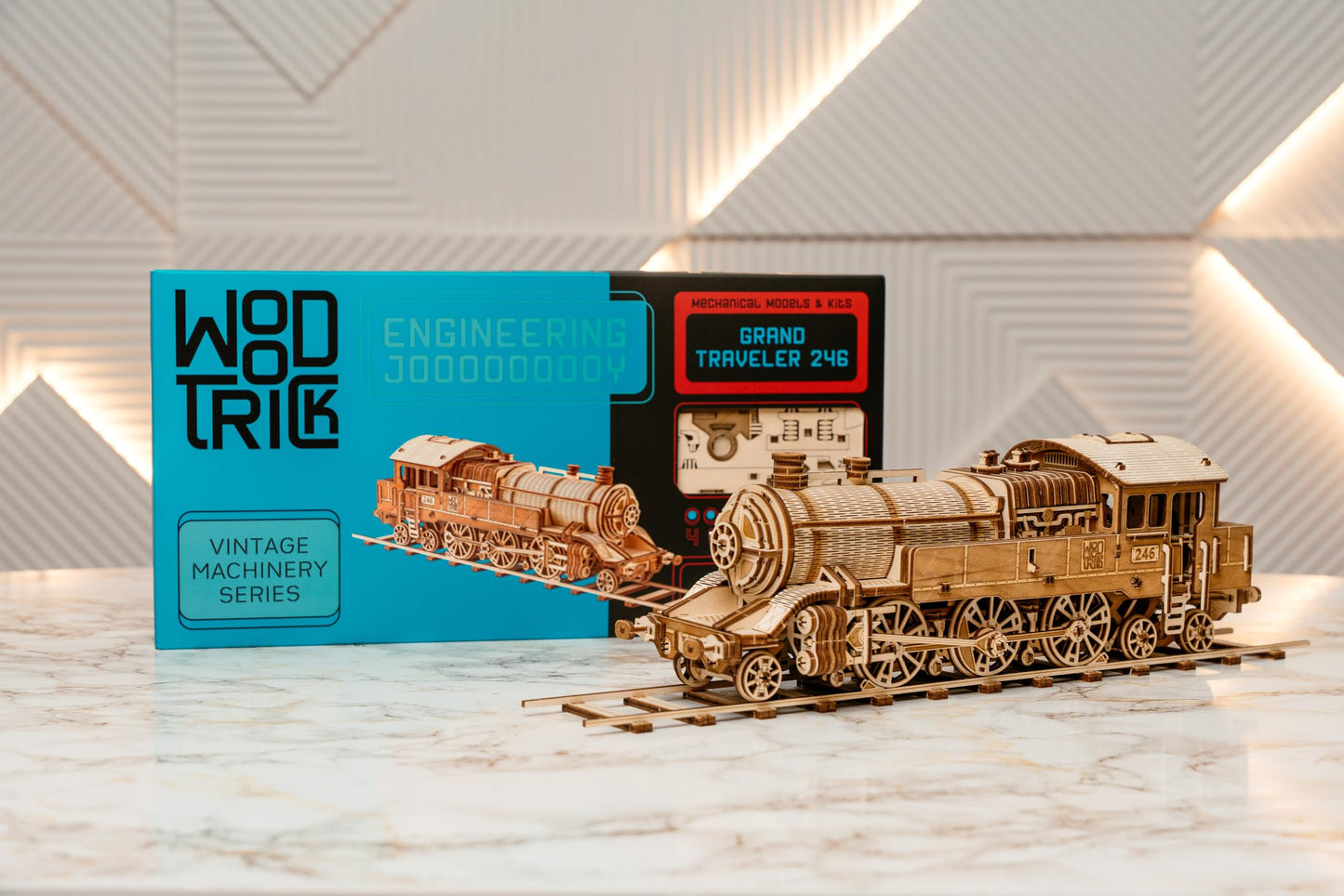 Wood Trick Grand Traveler 246 Wooden Train Set w/Railway - Rides up to 20ft - 16x4″ - Locomotive Model Kit - 3D Wooden Puzzles for Adults to Build - Engineering DIY Models for Adults to Build